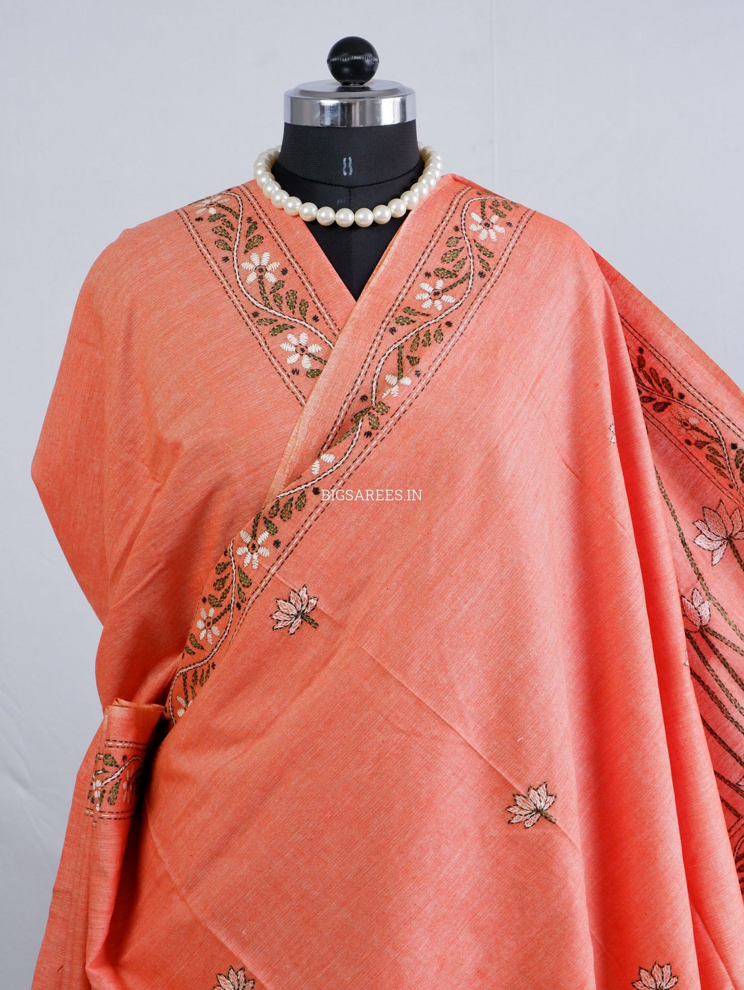 Kantha Hand-Embroidered Saree | Pure Khadi Cotton | Pale Orange