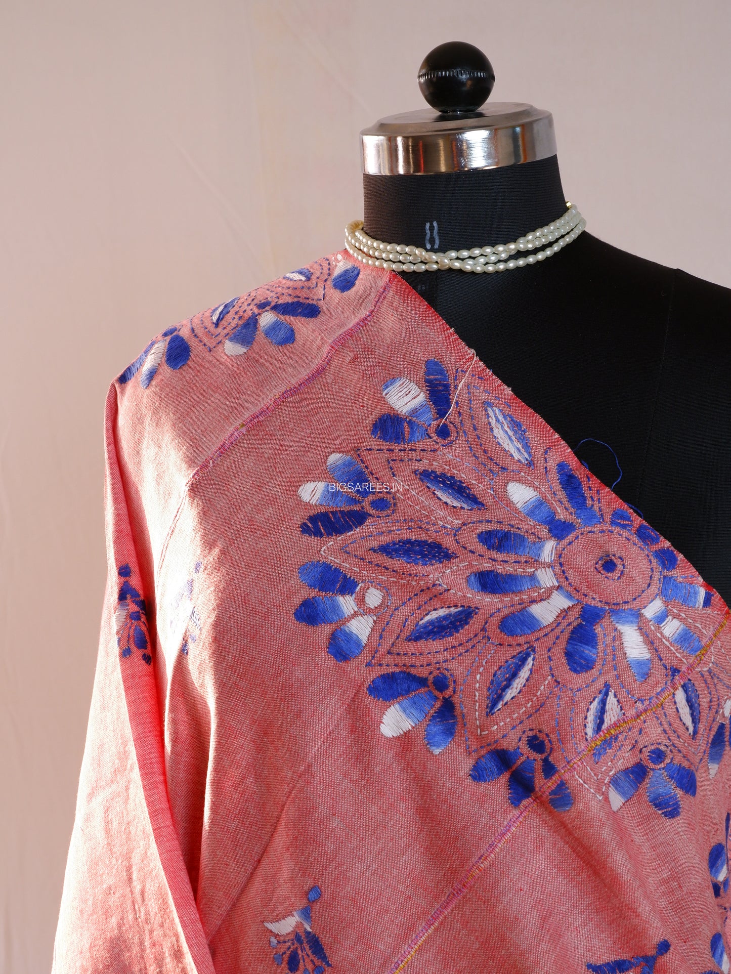Hand Embroidered Kantha-Stitch Dupatta | Pure Khesh Cotton | Pink