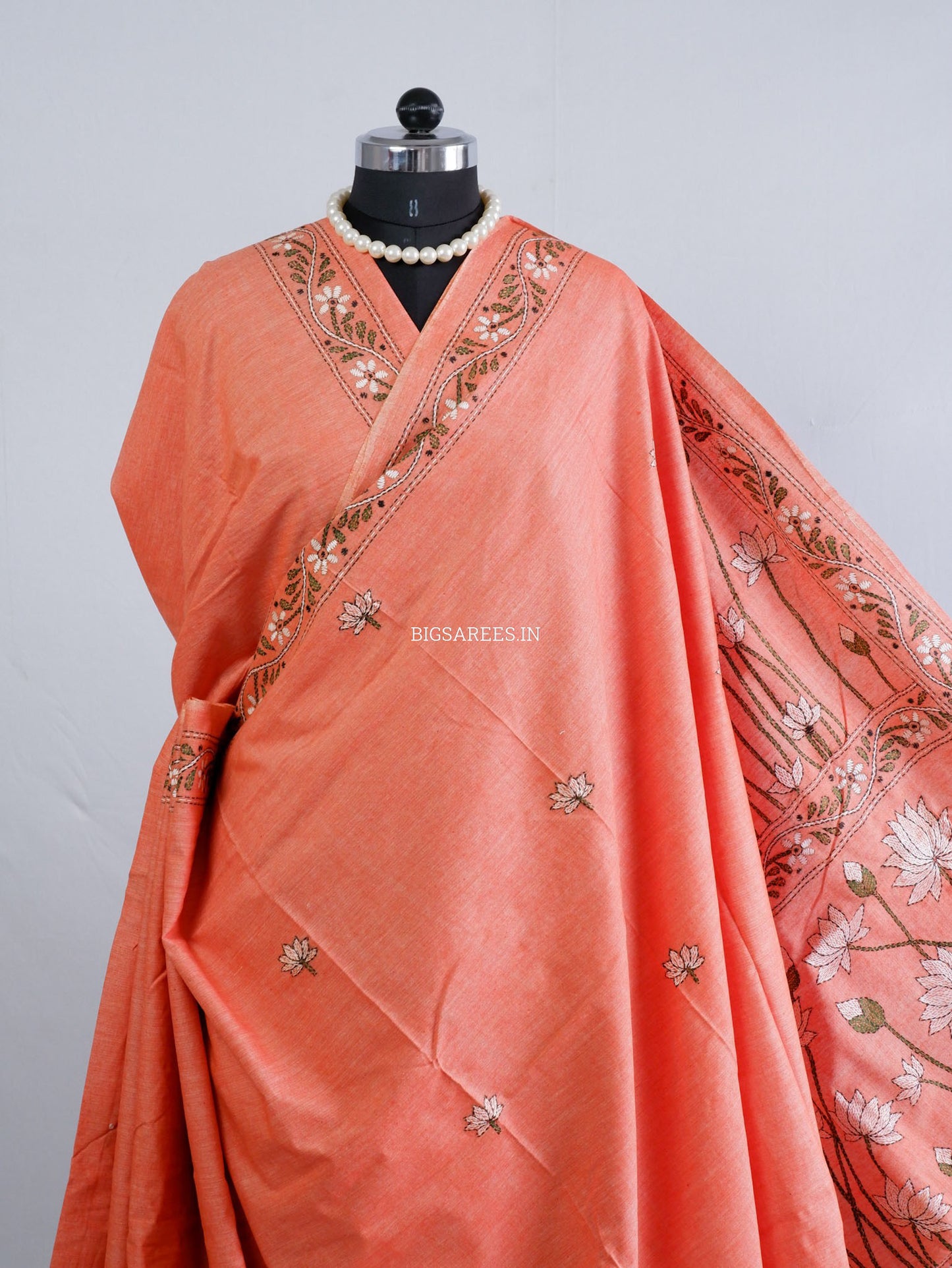 Kantha Hand-Embroidered Saree | Pure Khadi Cotton | Pale Orange