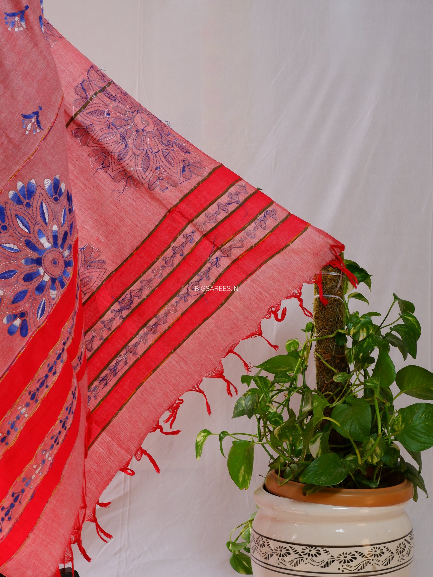 Hand Embroidered Kantha-Stitch Dupatta | Pure Khesh Cotton | Olive Green