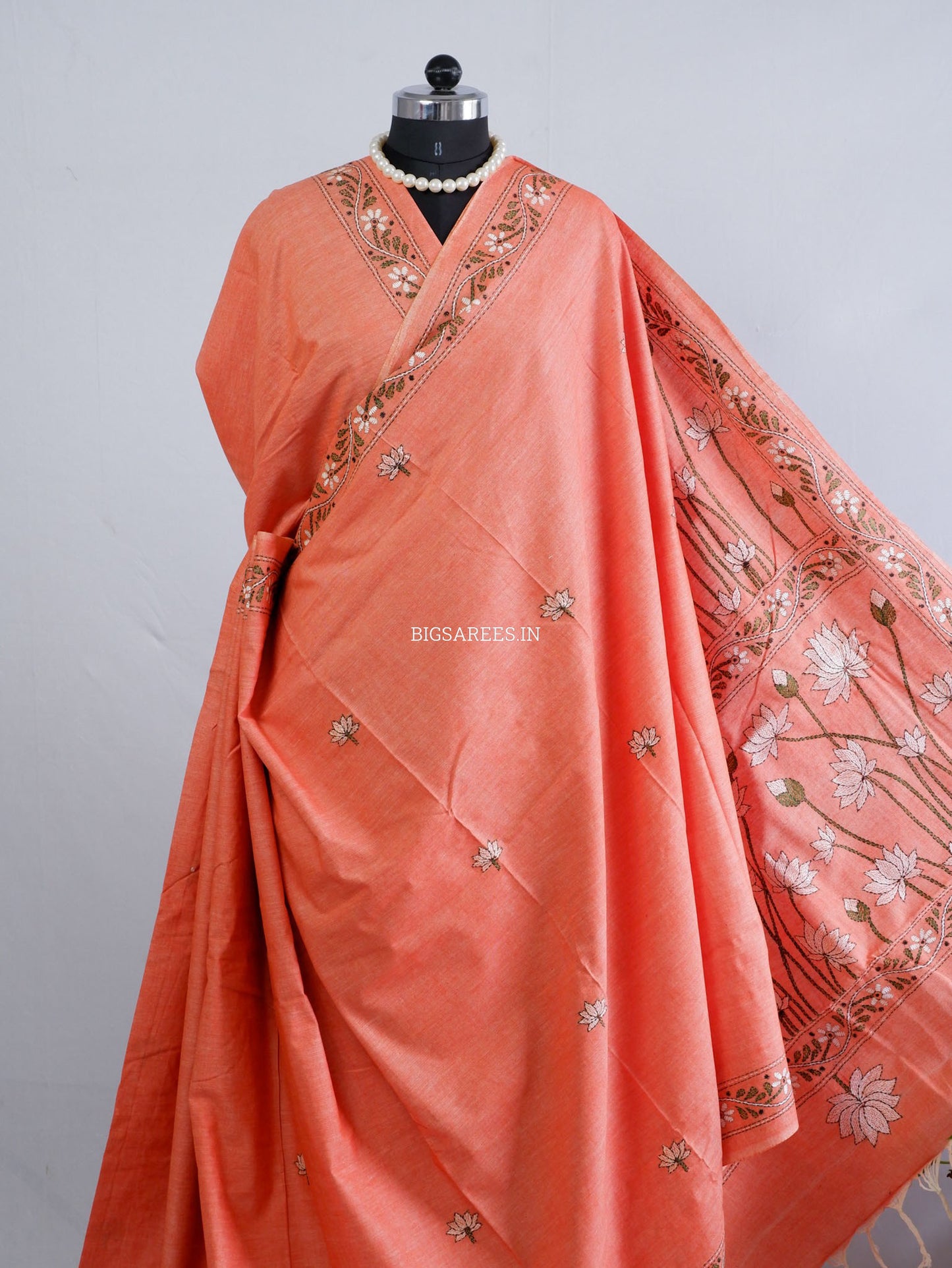 Kantha Hand-Embroidered Saree | Pure Khadi Cotton | Pale Orange