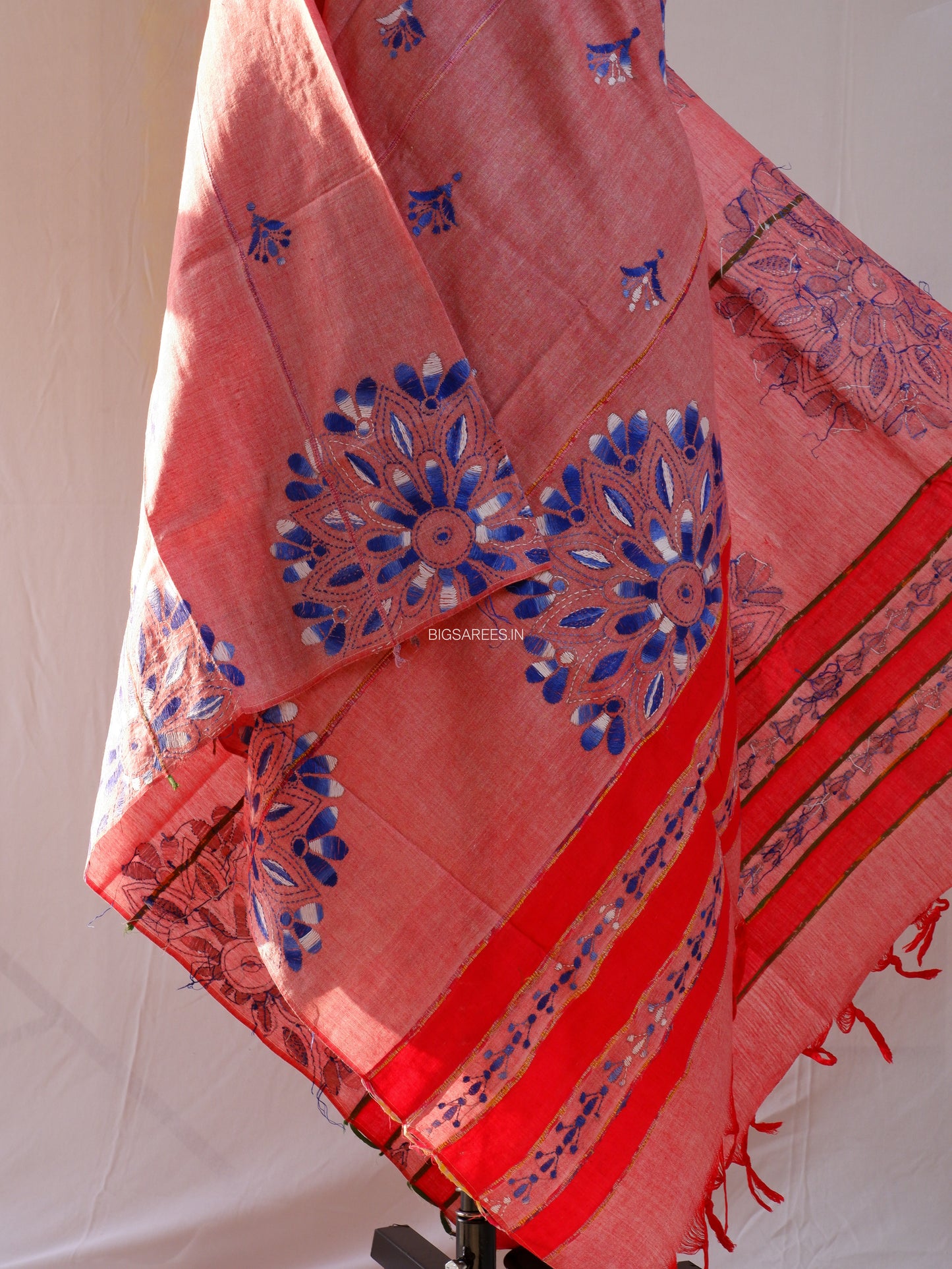 Hand Embroidered Kantha-Stitch Dupatta | Pure Khesh Cotton | Olive Green