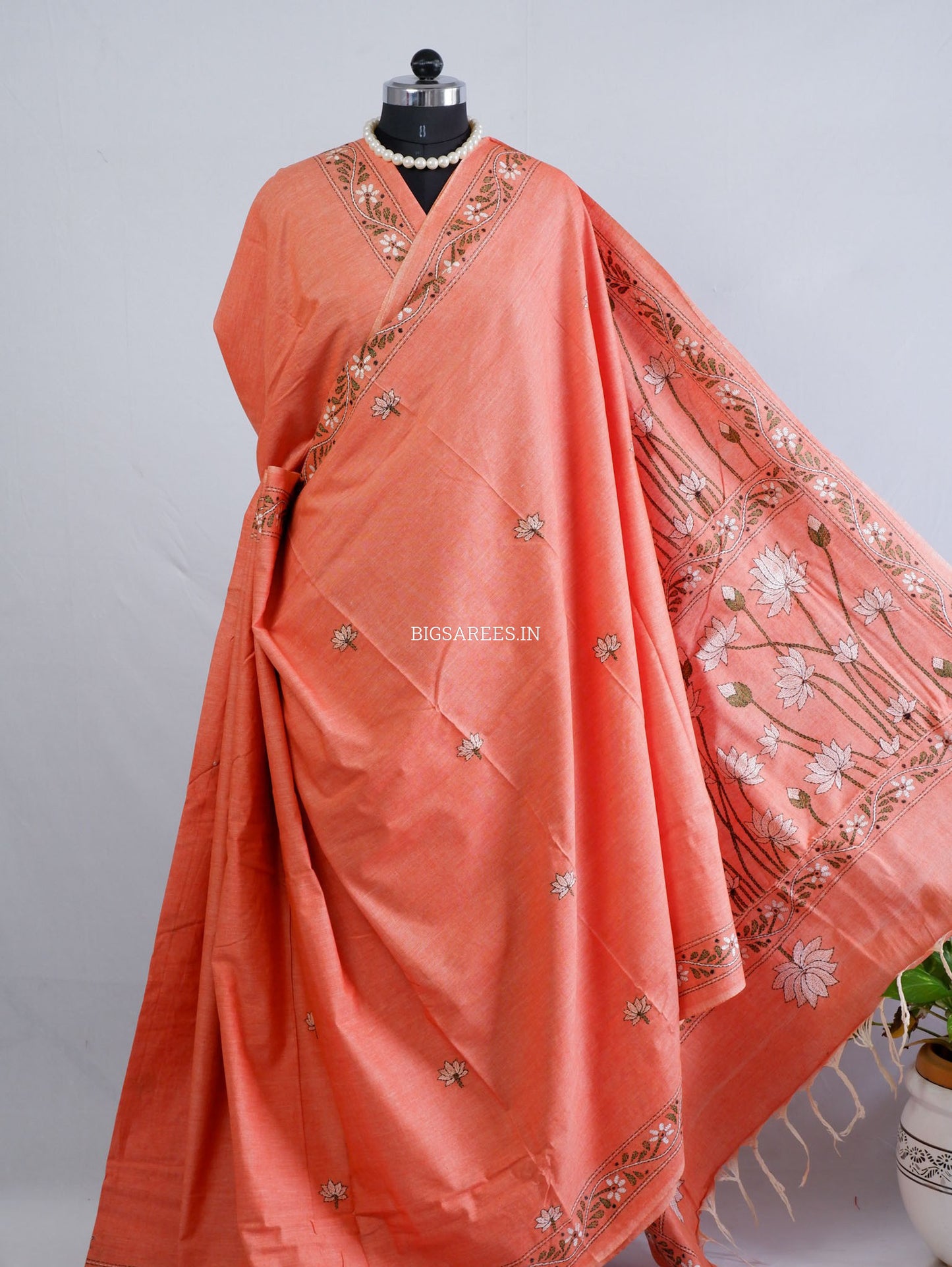 Kantha Hand-Embroidered Saree | Pure Khadi Cotton | Pale Orange
