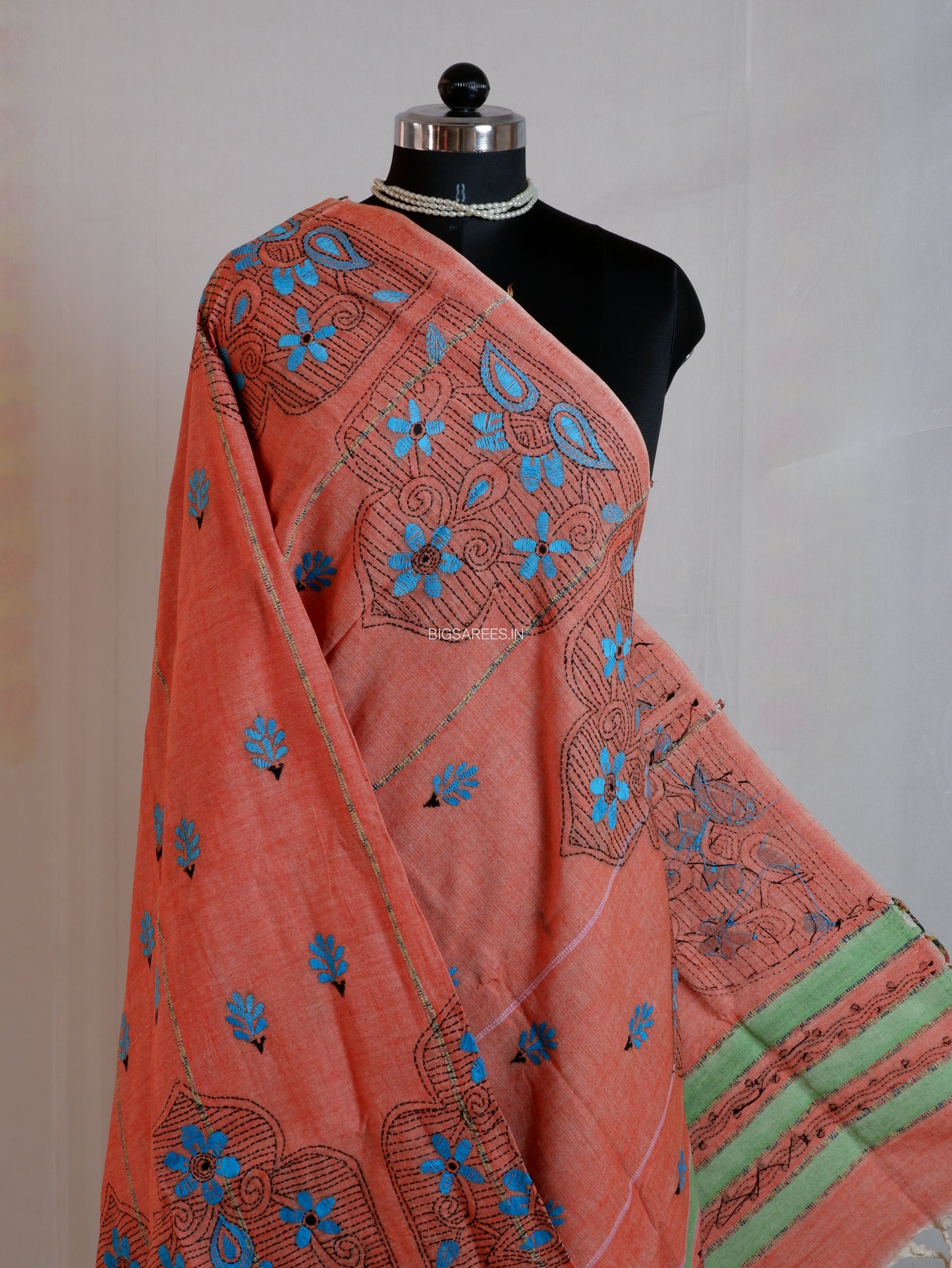 Hand Embroidered Kantha-Stitch Dupatta | Pure Khesh Cotton | Olive Green