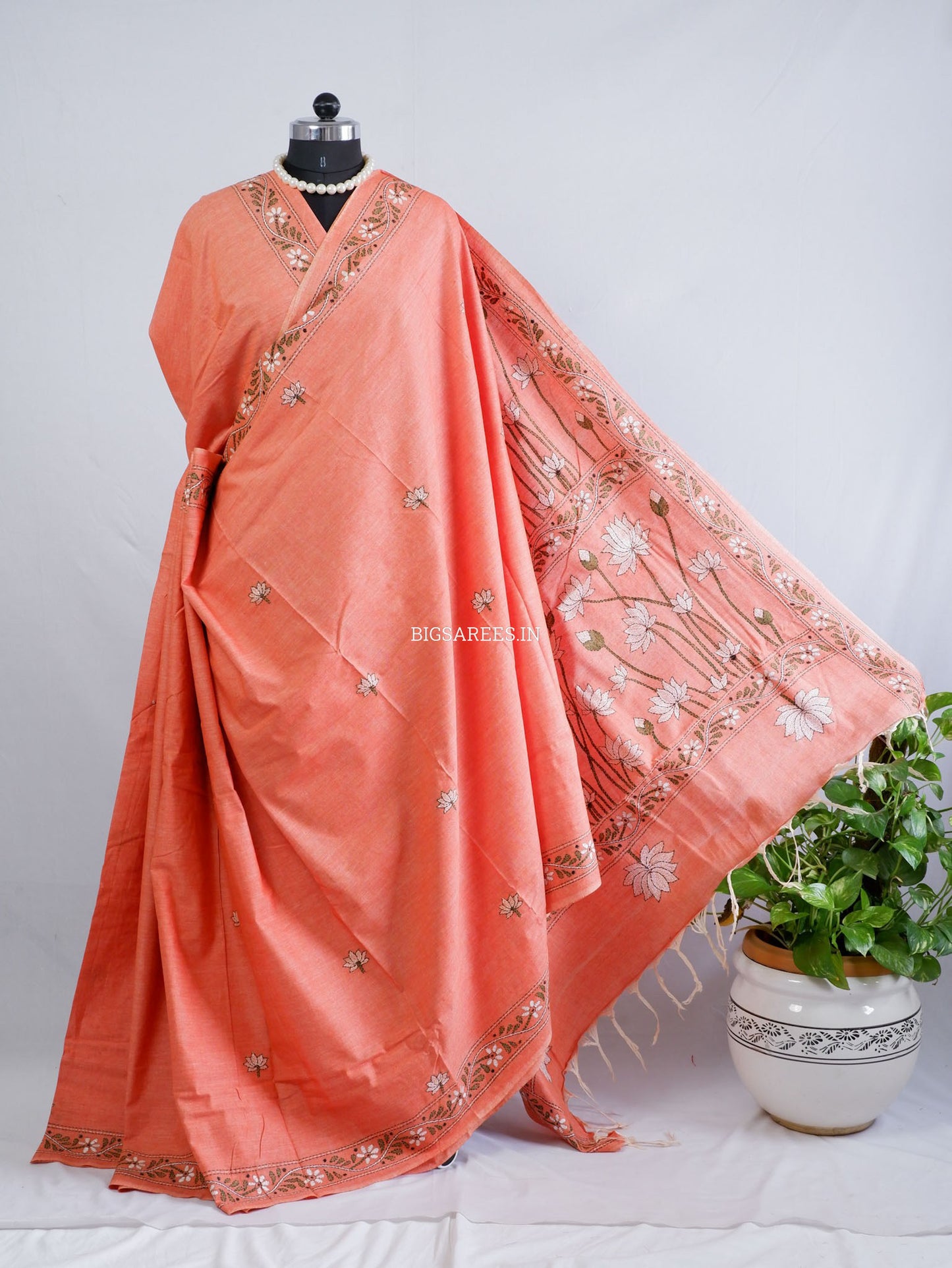 Kantha Hand-Embroidered Saree | Pure Khadi Cotton | Pale Orange
