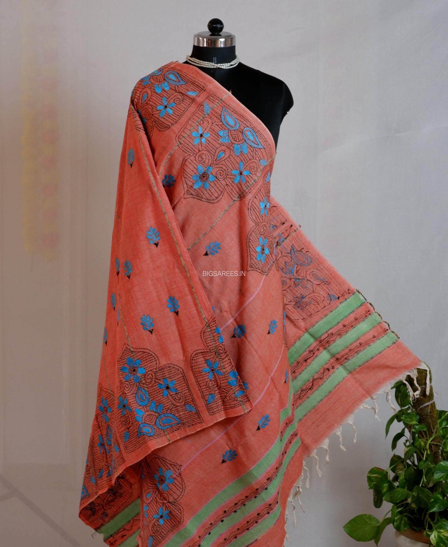 Hand Embroidered Kantha-Stitch Dupatta | Pure Khesh Cotton | Olive Green