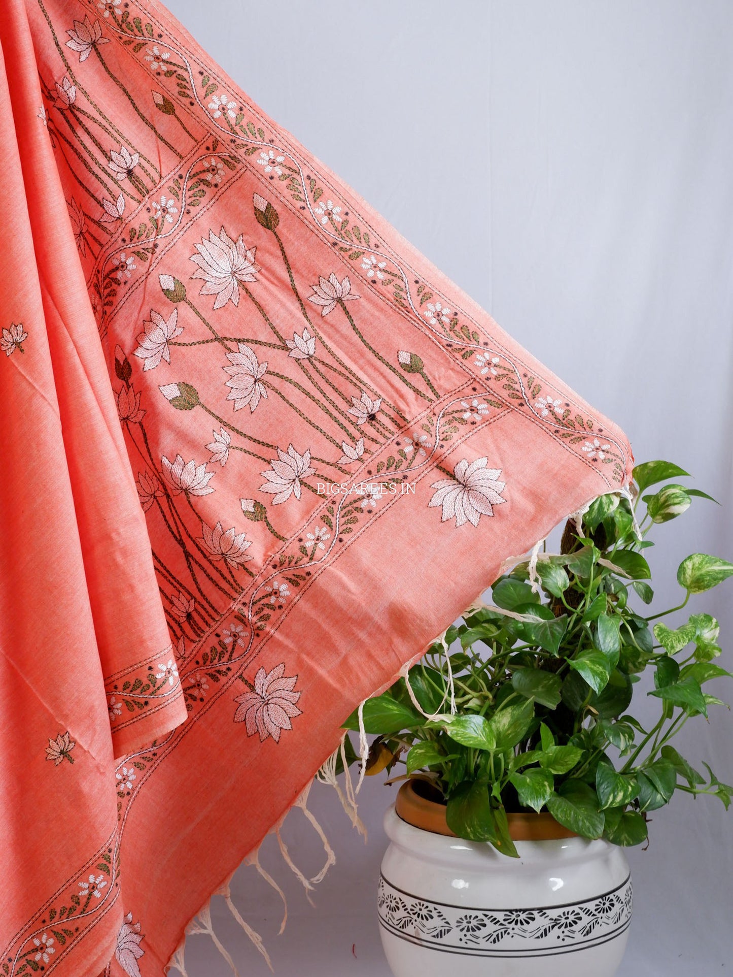 Kantha Hand-Embroidered Saree | Pure Khadi Cotton | Pale Orange
