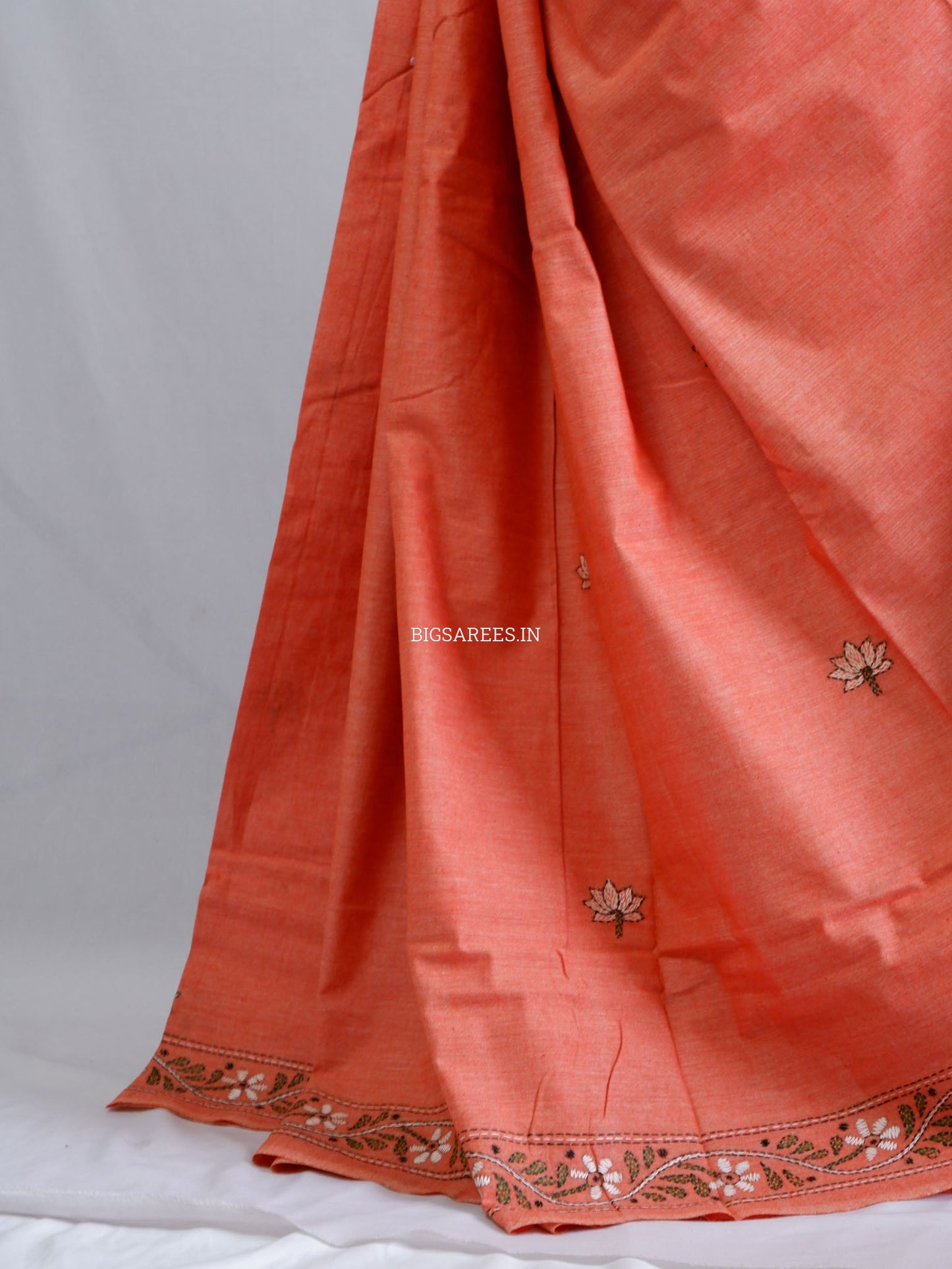 Kantha Hand-Embroidered Saree | Pure Khadi Cotton | Pale Orange