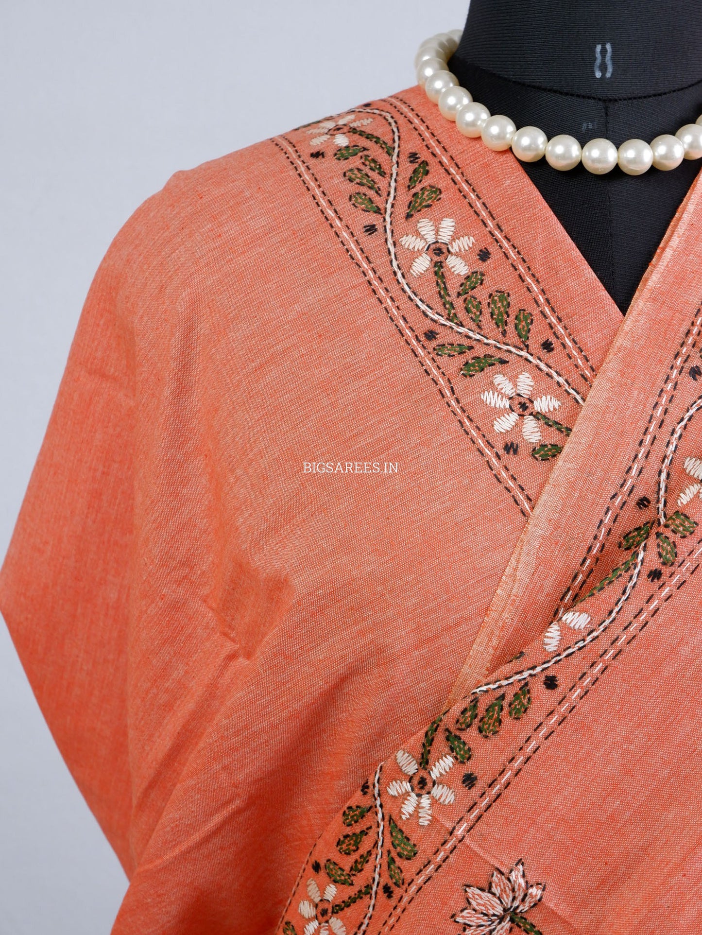 Kantha Hand-Embroidered Saree | Pure Khadi Cotton | Pale Orange