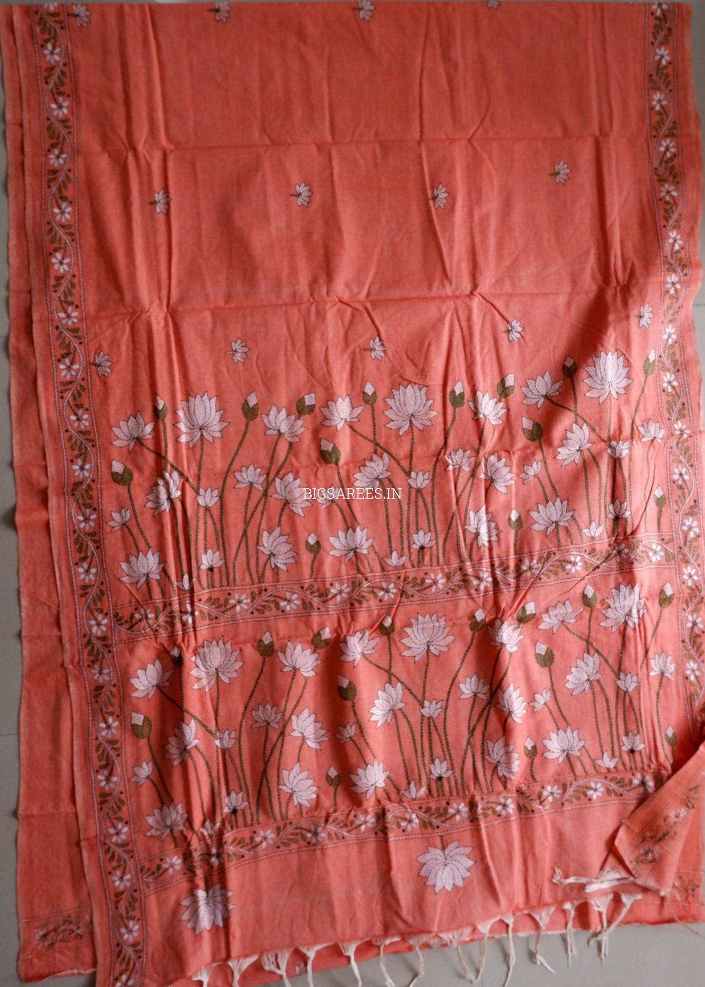 Kantha Hand-Embroidered Saree | Pure Khadi Cotton | Pale Orange
