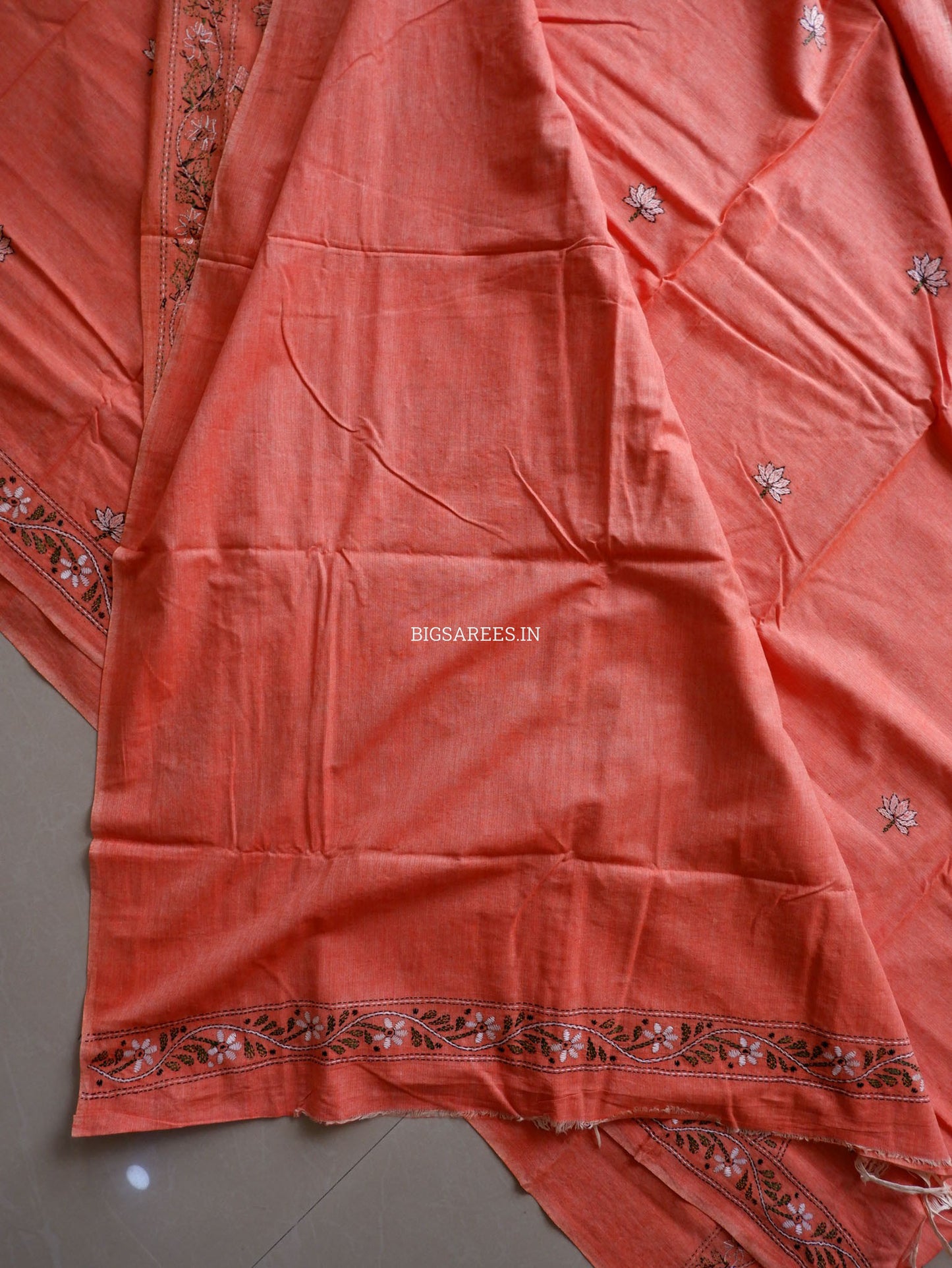 Kantha Hand-Embroidered Saree | Pure Khadi Cotton | Pale Orange