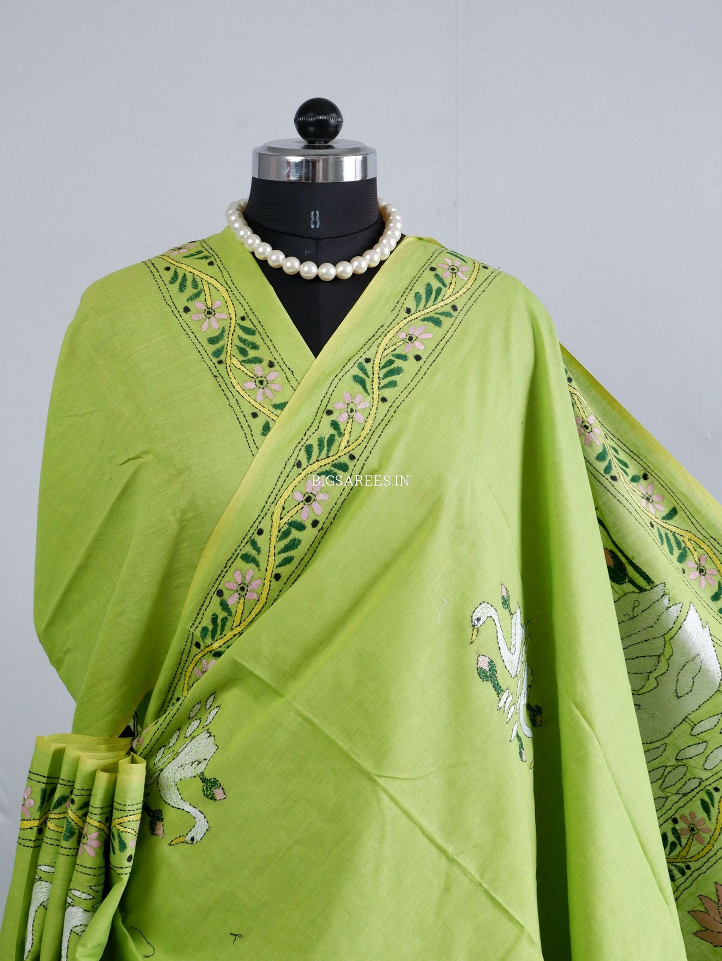Kantha Hand-Embroidered Saree | Pure Khadi Cotton | Lime Green