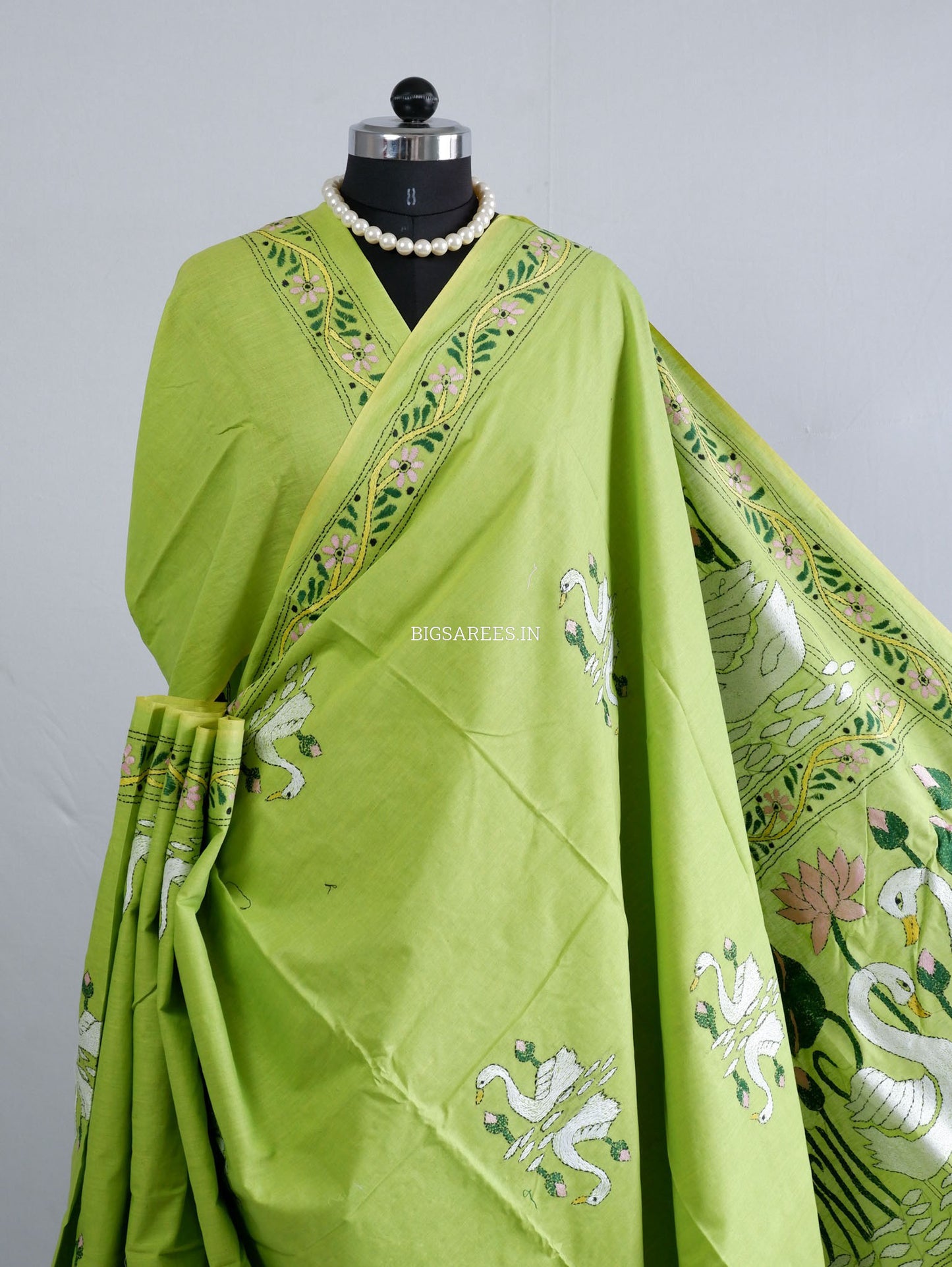 Kantha Hand-Embroidered Saree | Pure Khadi Cotton | Lime Green
