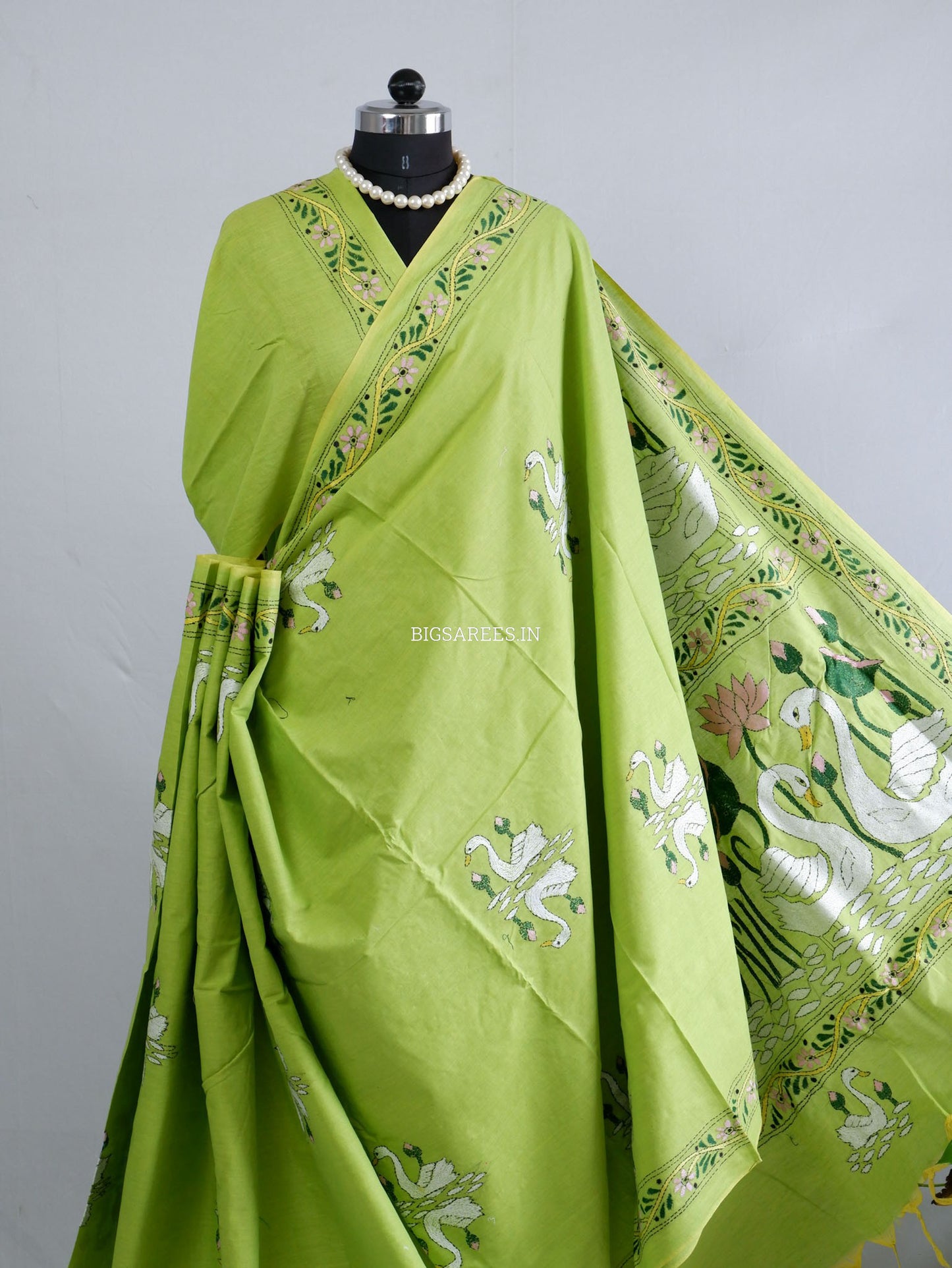 Kantha Hand-Embroidered Saree | Pure Khadi Cotton | Lime Green