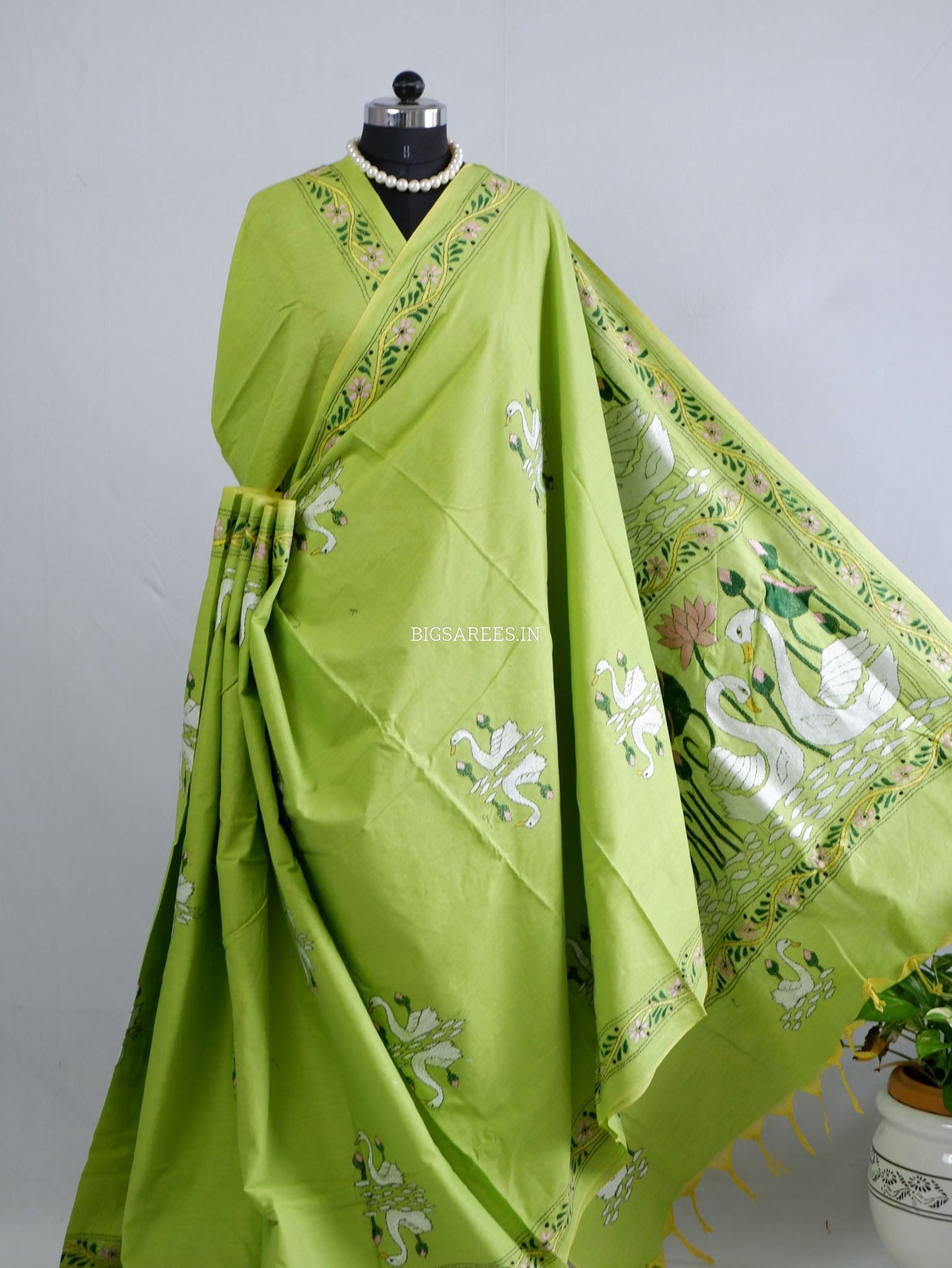 Kantha Hand-Embroidered Saree | Pure Khadi Cotton | Lime Green