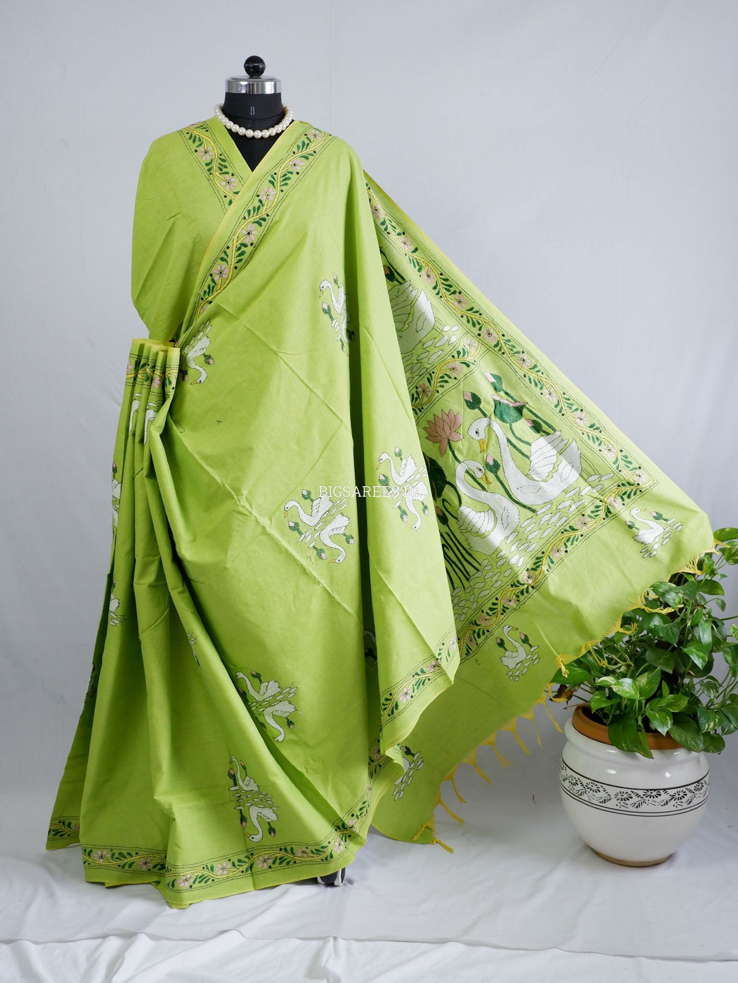 Kantha Hand-Embroidered Saree | Pure Khadi Cotton | Lime Green