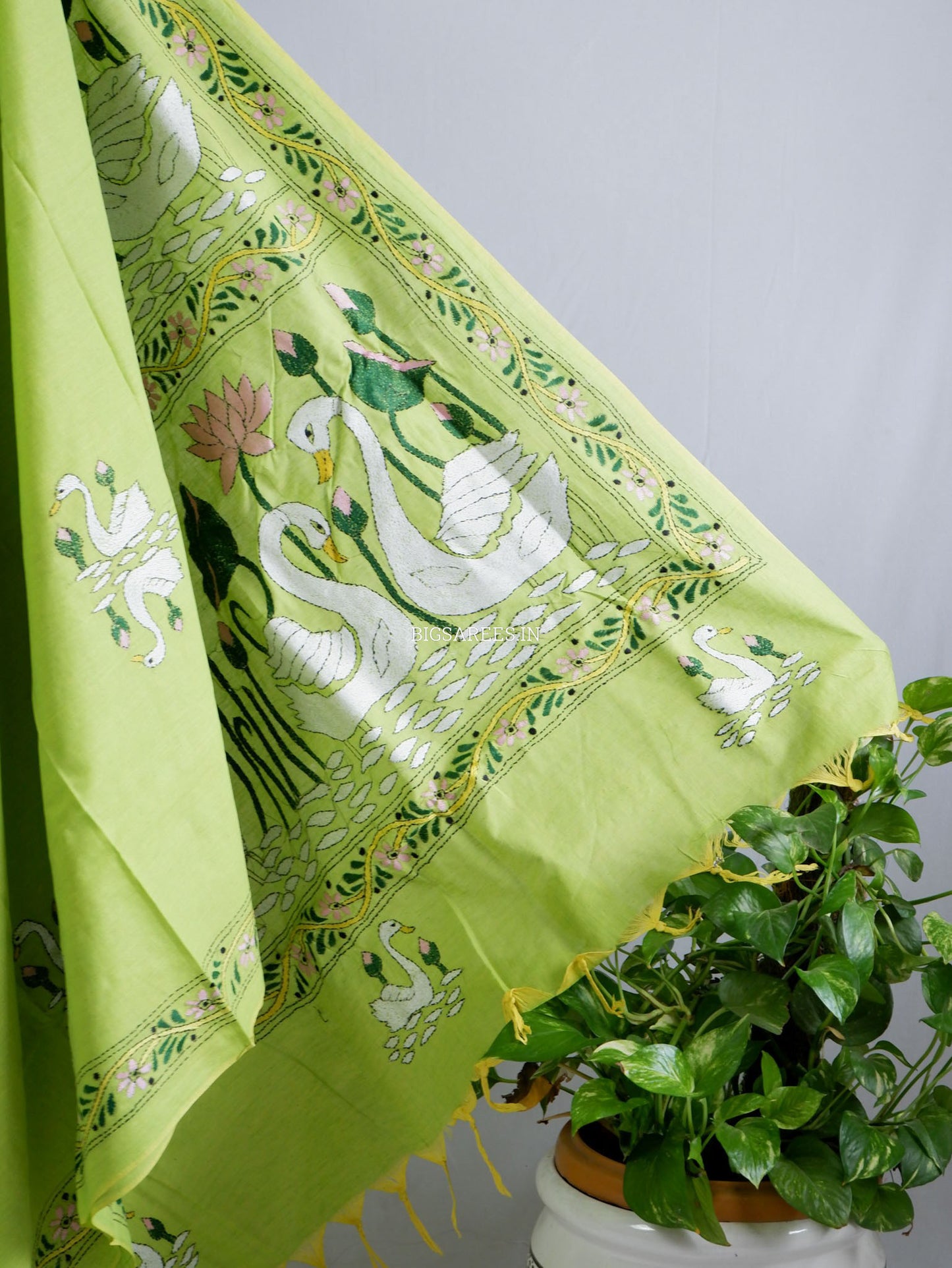 Kantha Hand-Embroidered Saree | Pure Khadi Cotton | Lime Green