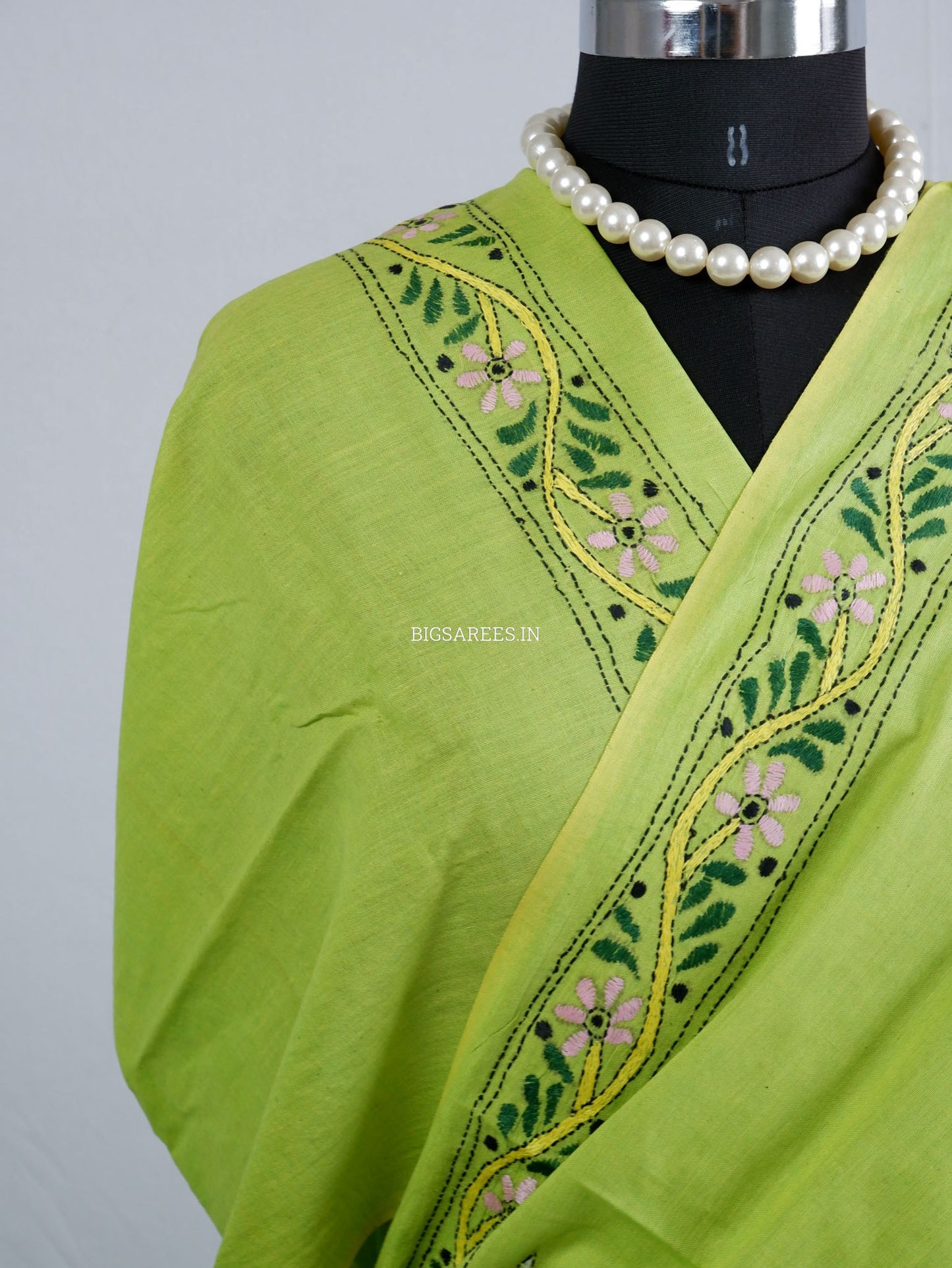 Kantha Hand-Embroidered Saree | Pure Khadi Cotton | Lime Green