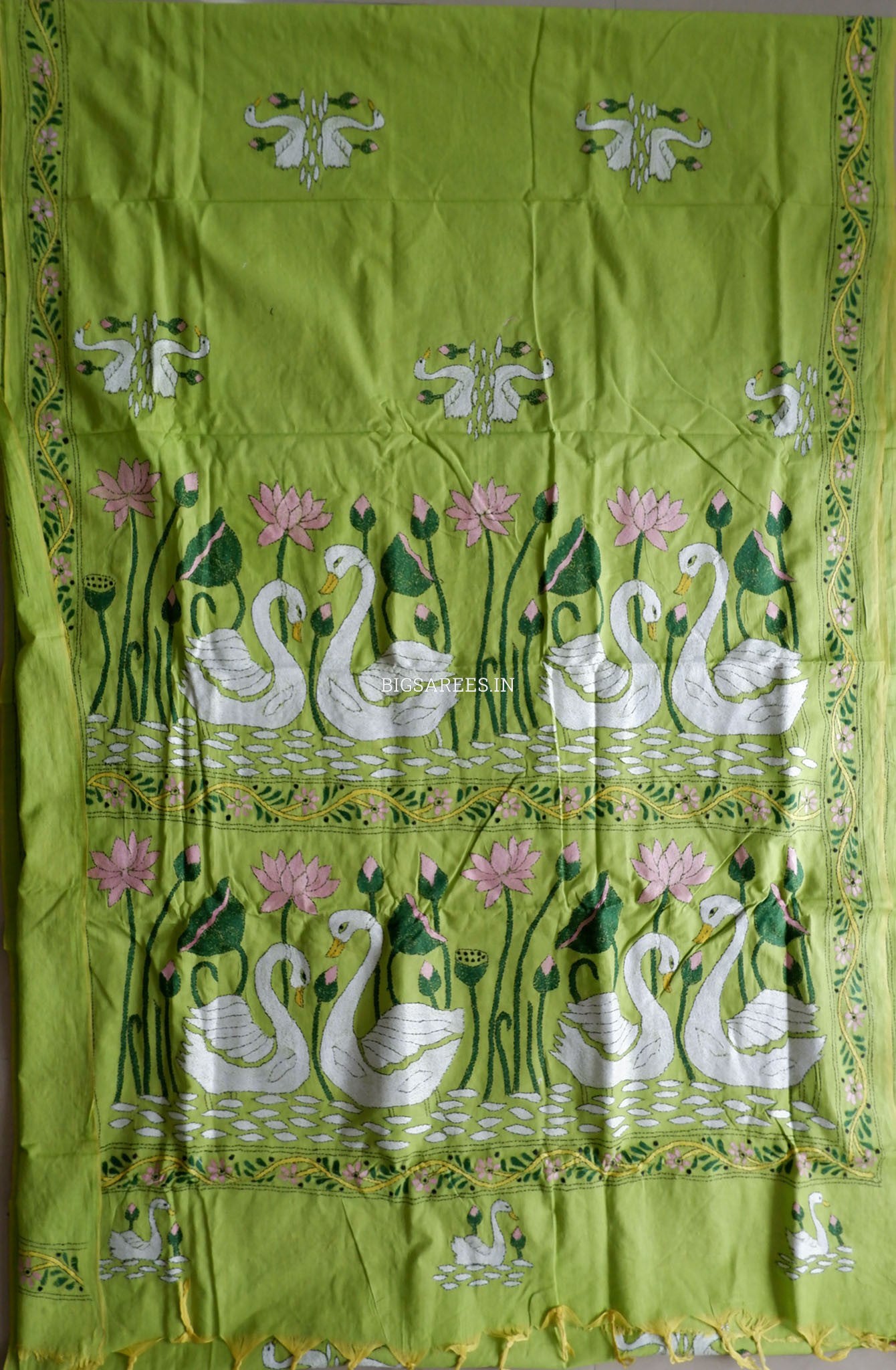 Kantha Hand-Embroidered Saree | Pure Khadi Cotton | Lime Green