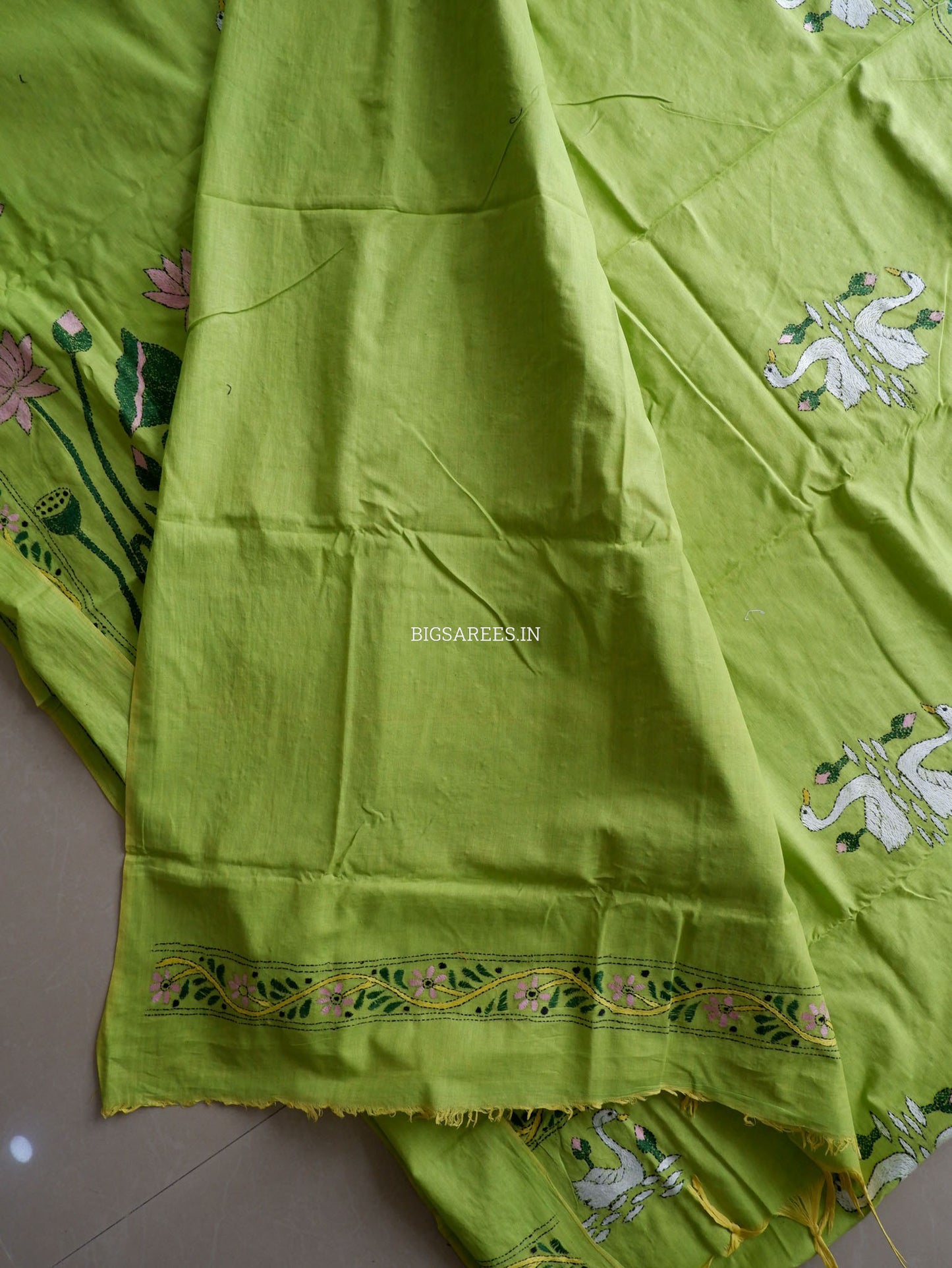 Kantha Hand-Embroidered Saree | Pure Khadi Cotton | Lime Green