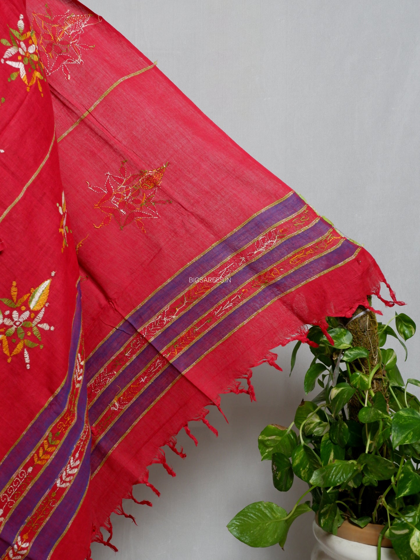 Hand Embroidered Kantha-Stitch Dupatta | Pure Khesh Cotton | Red