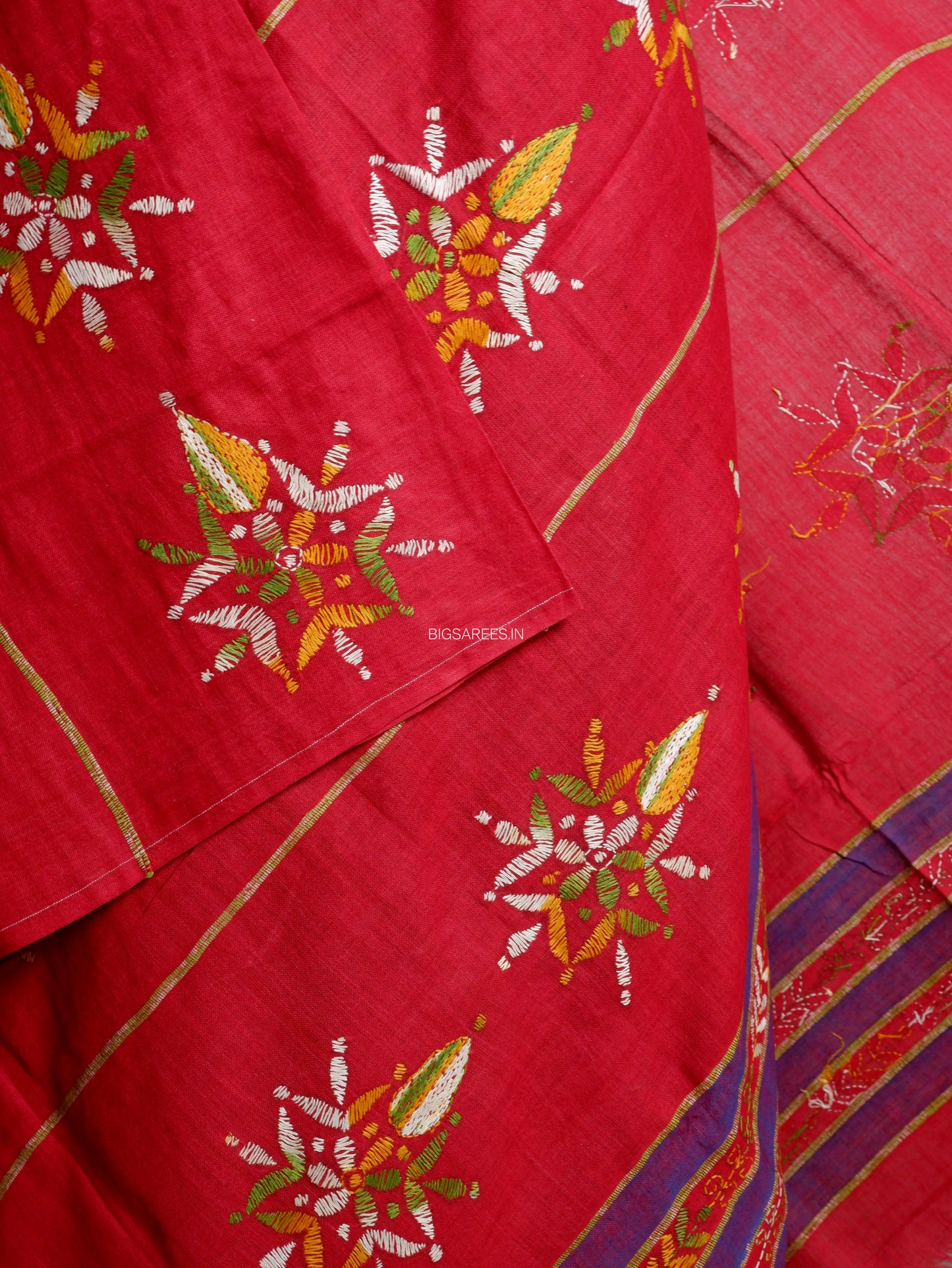 Hand Embroidered Kantha-Stitch Dupatta | Pure Khesh Cotton | Red