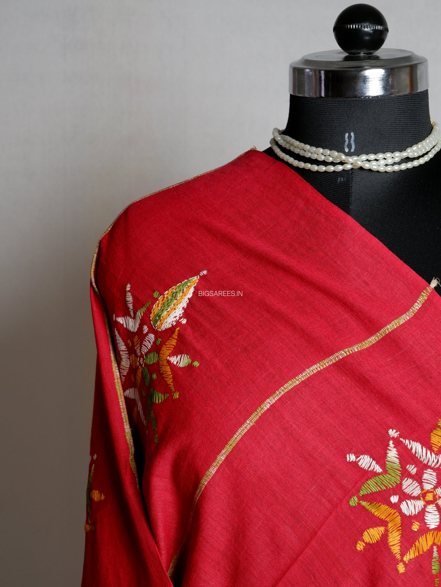 Hand Embroidered Kantha-Stitch Dupatta | Pure Khesh Cotton | Red
