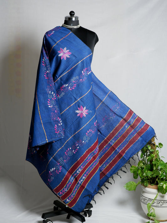 Hand Embroidered Kantha-Stitch Dupatta | Pure Khesh Cotton | Deep Azure Blue