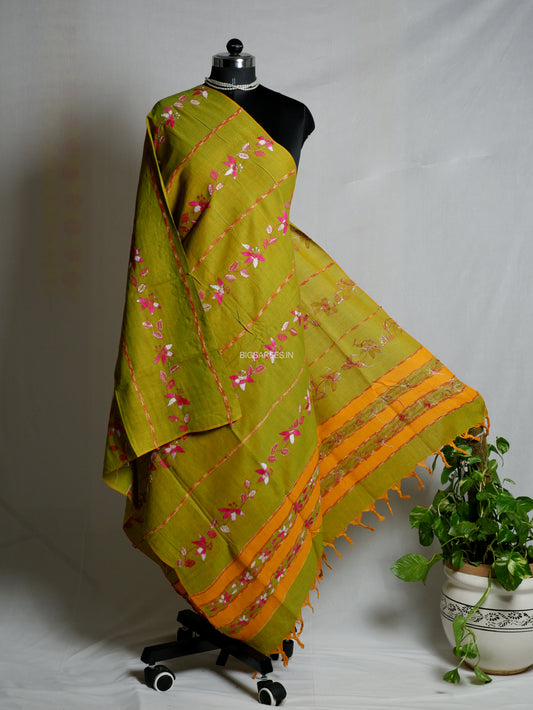 Hand Embroidered Kantha-Stitch Dupatta | Pure Khesh Cotton | Moss Green
