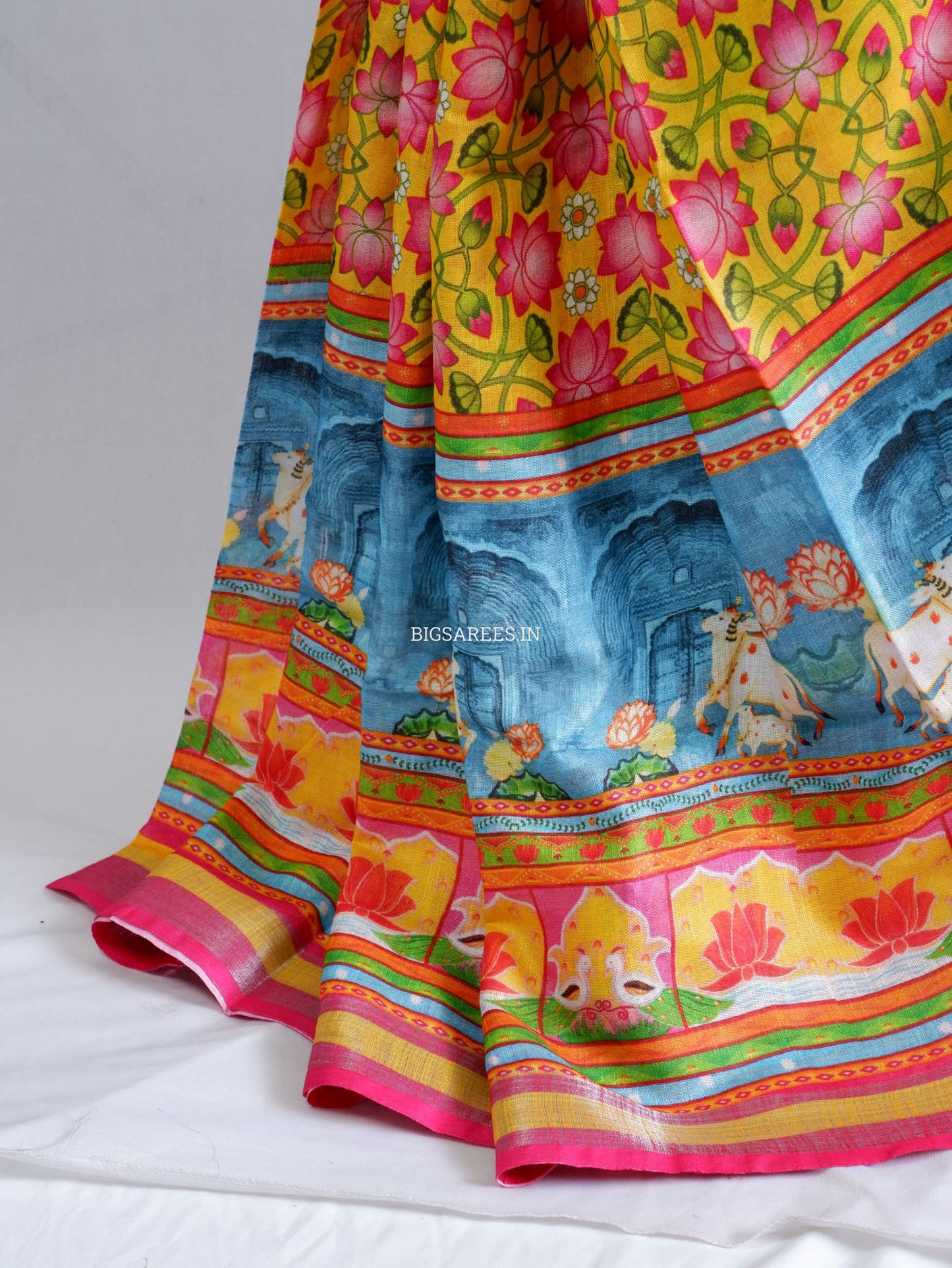 Digital Print Saree with Blouse Piece | Mix Linen | Yellow