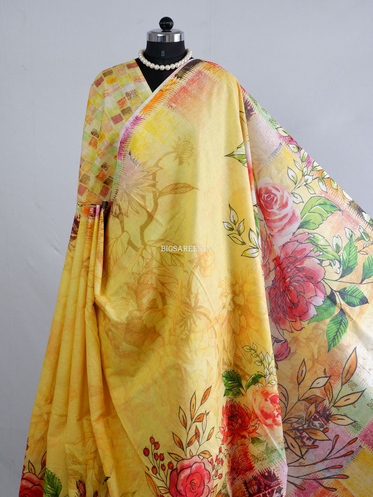 Digital Print Saree with Blouse Piece | Slub Linen | Yellow