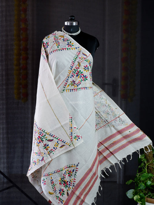 Hand Embroidered Kantha-Stitch Dupatta | Pure Khesh Cotton | White