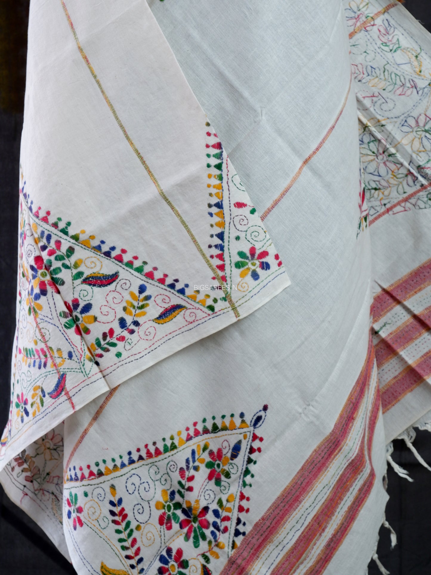 Hand Embroidered Kantha-Stitch Dupatta | Pure Khesh Cotton | White