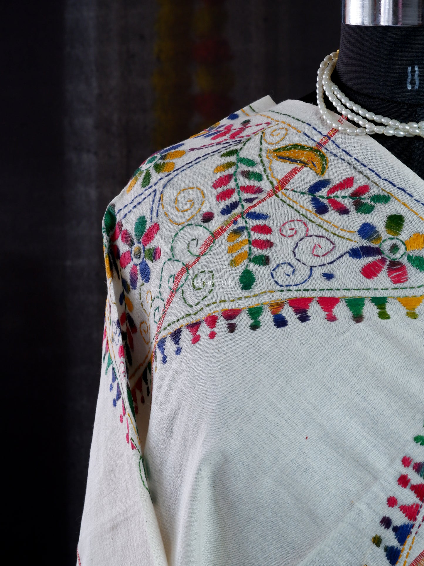 Hand Embroidered Kantha-Stitch Dupatta | Pure Khesh Cotton | White