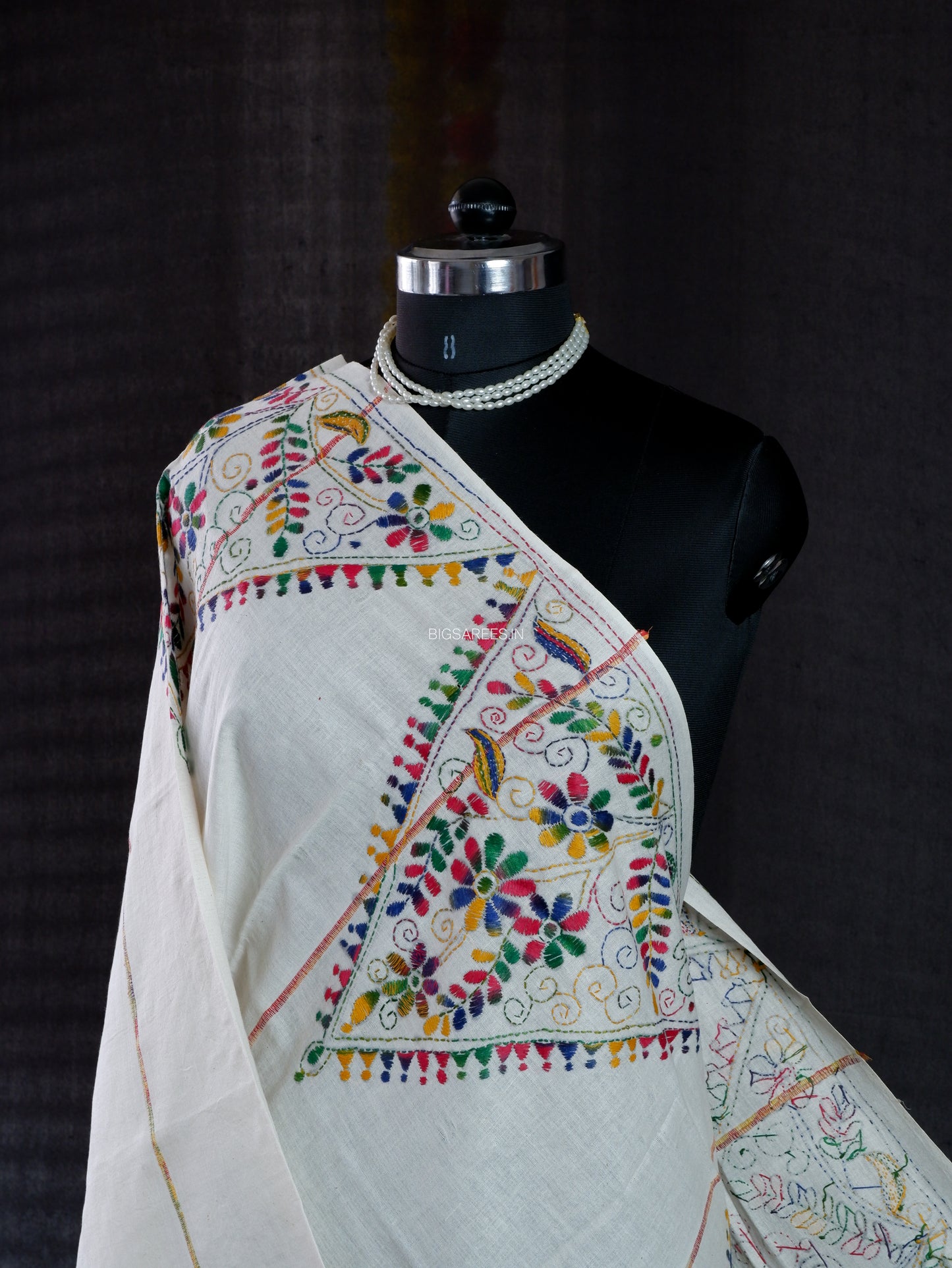 Hand Embroidered Kantha-Stitch Dupatta | Pure Khesh Cotton | White