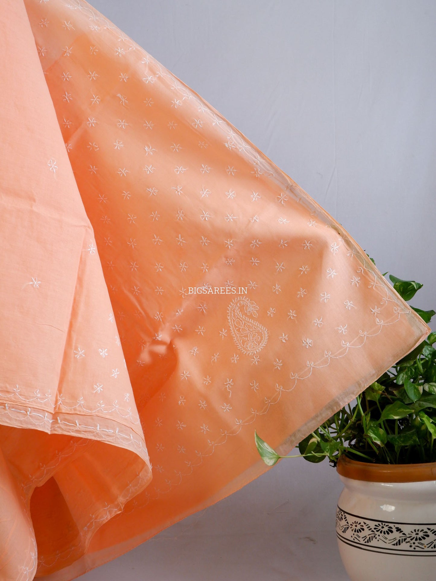Chikankari Hand-Embroidered Saree | Cotton | Peach