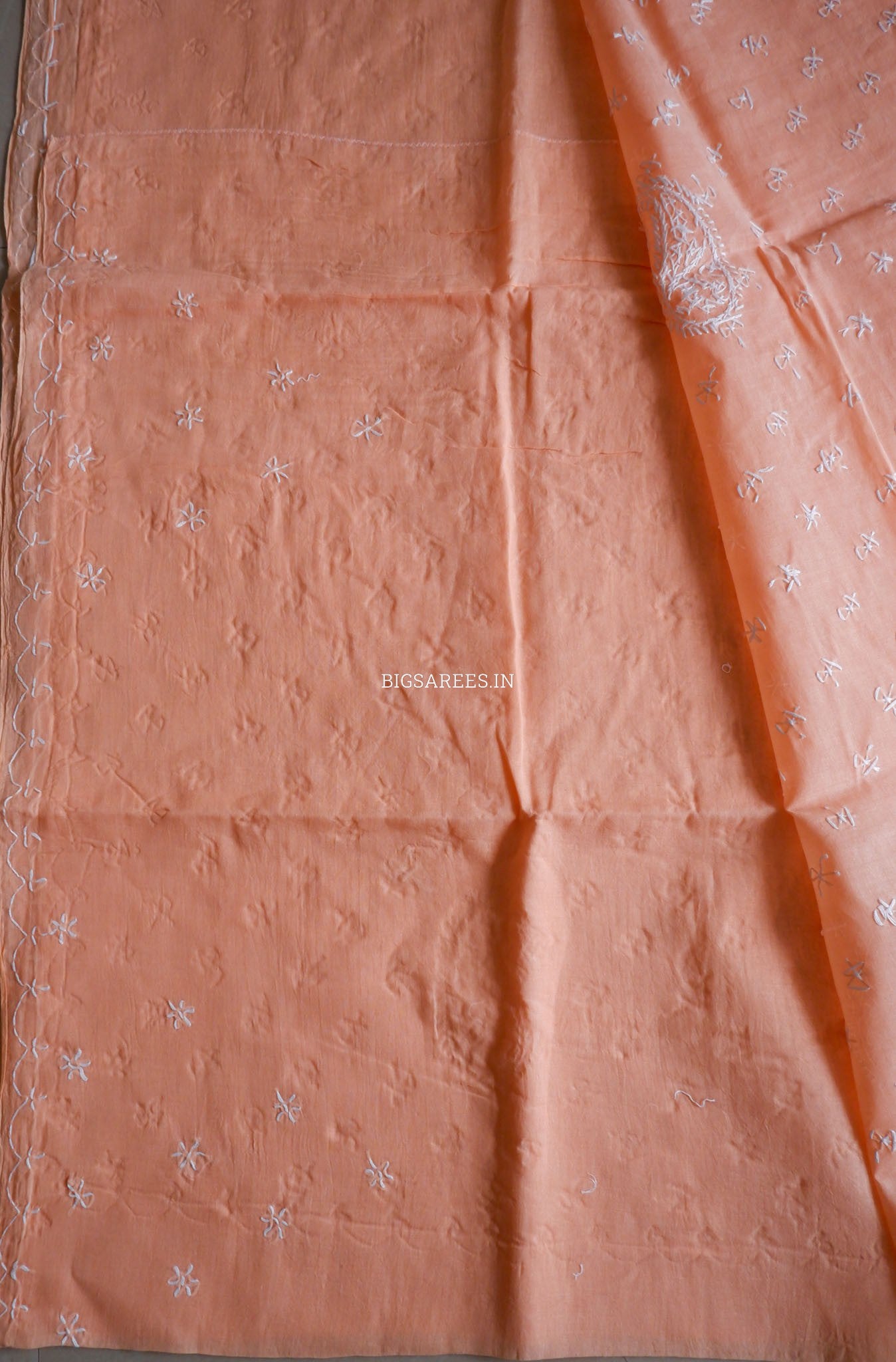 Chikankari Hand-Embroidered Saree | Cotton | Peach