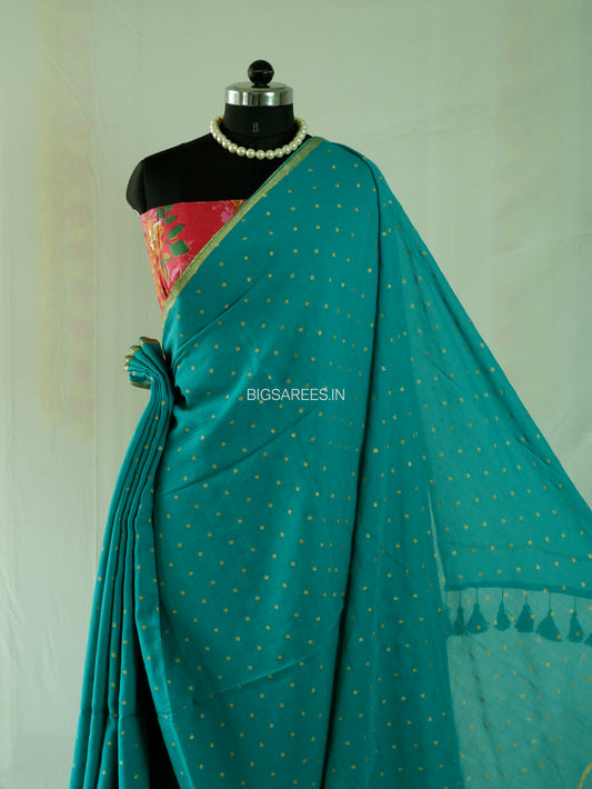 Polka Dot Saree With Blouse | Mul Cotton | Seafoam Green