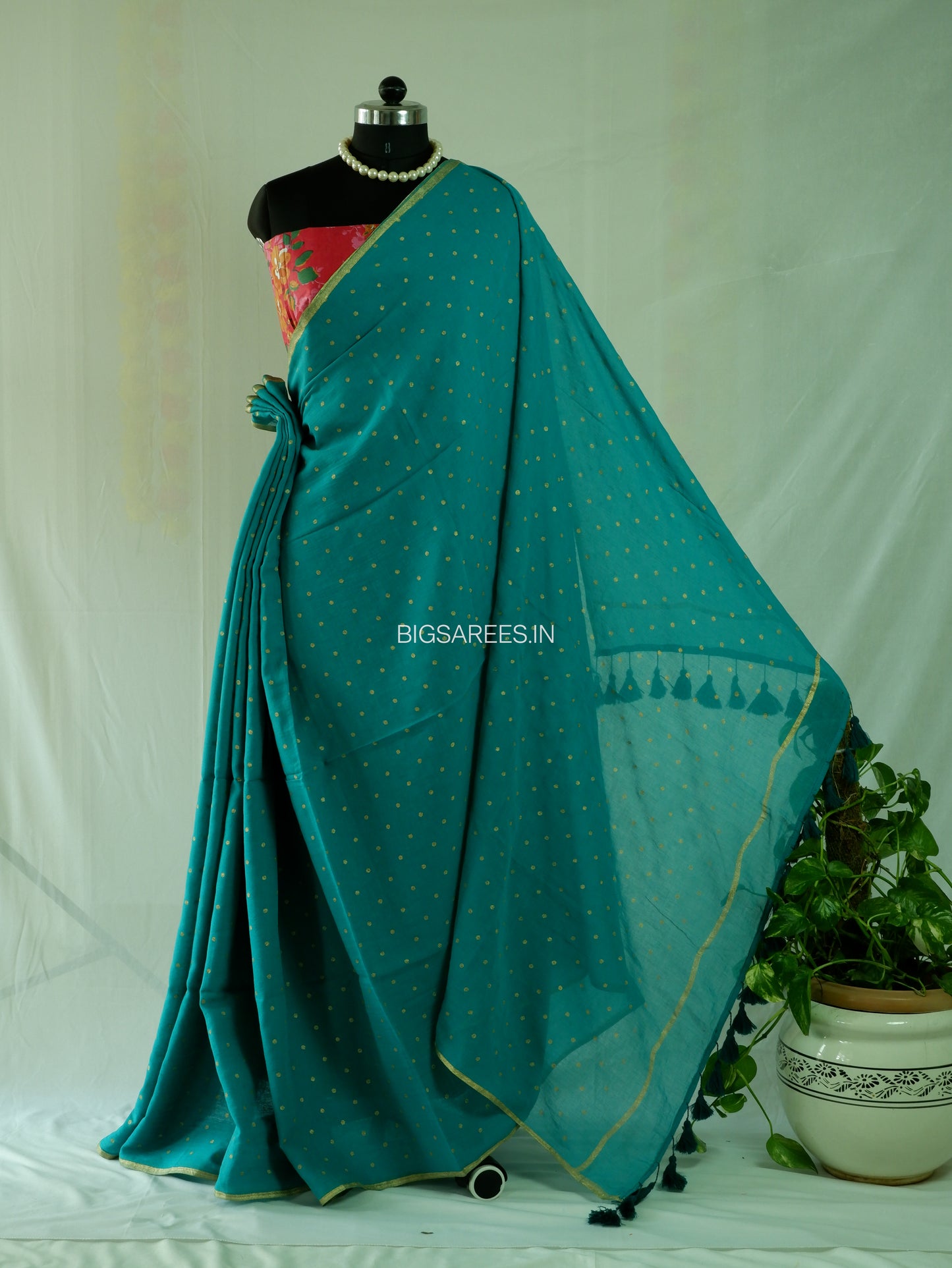 Polka Dot Saree With Blouse | Mul Cotton | Seafoam Green