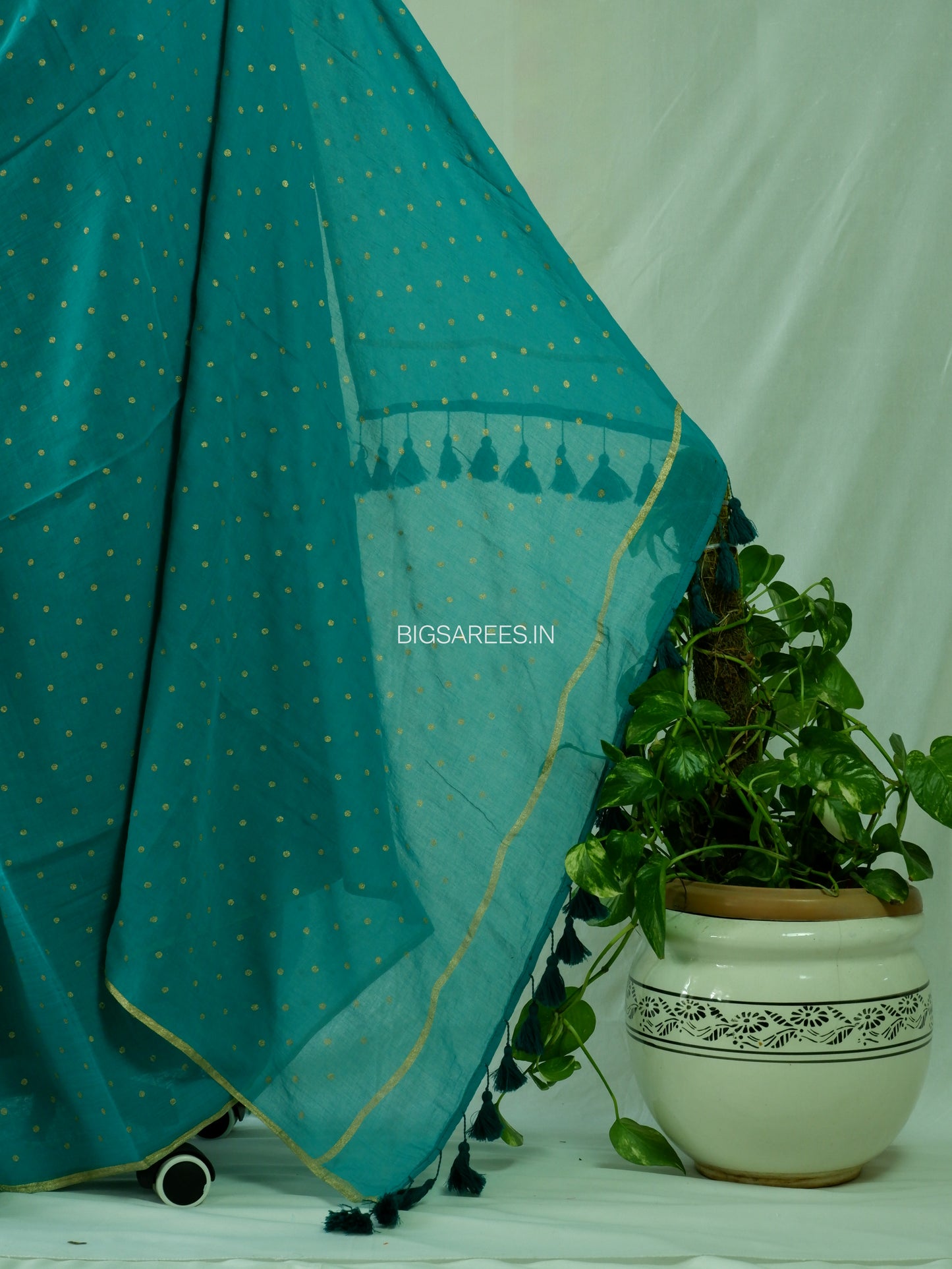Polka Dot Saree With Blouse | Mul Cotton | Seafoam Green