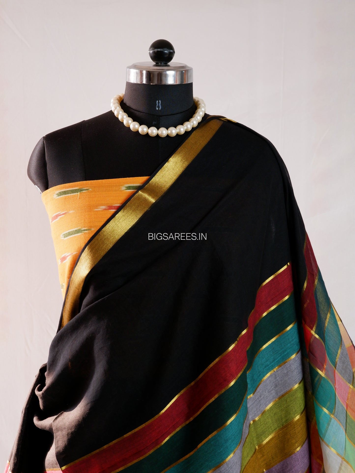 Checkered Mul Cotton Saree With Ikat Blouse | Lightweight | Black