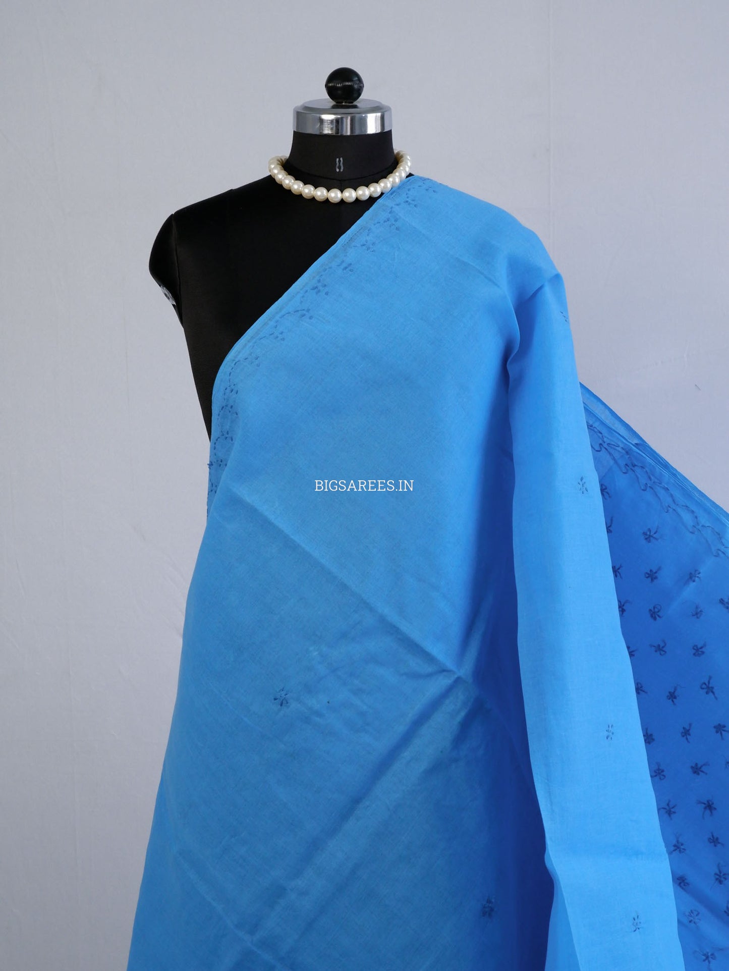 Chikankari Hand-Embroidered Saree | Cotton | Azure Blue