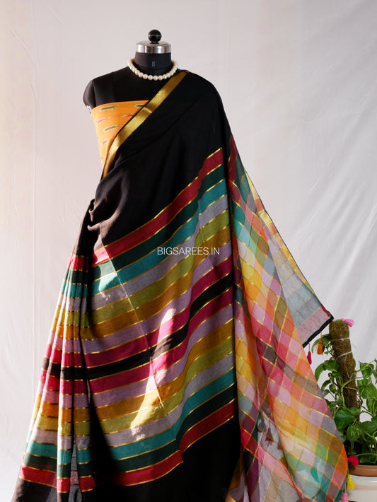 Checkered Mul Cotton Saree With Ikat Blouse | Lightweight | Black