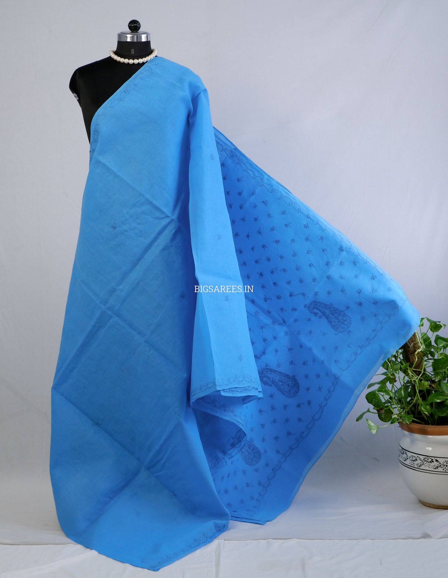 Chikankari Hand-Embroidered Saree | Cotton | Azure Blue