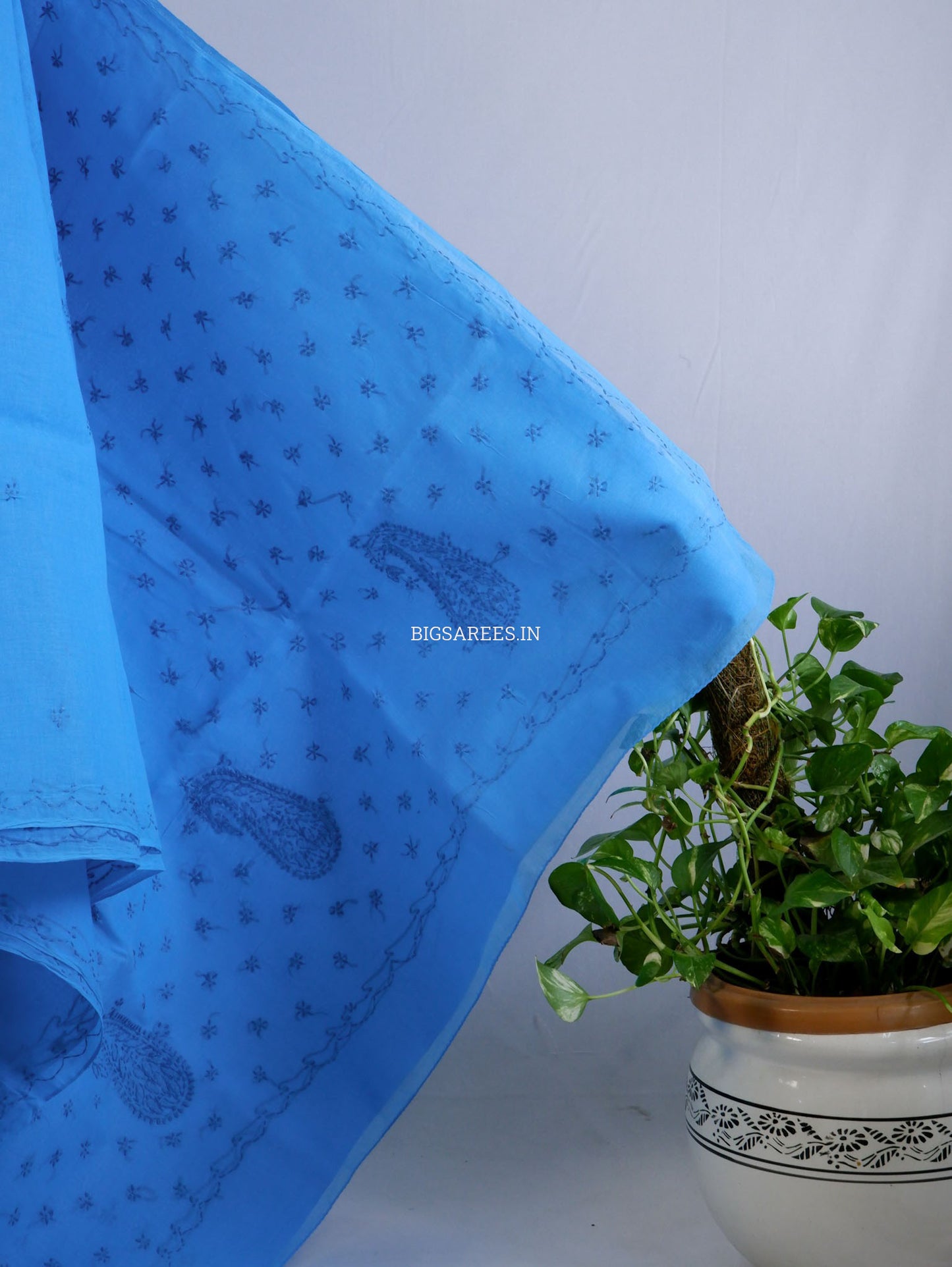 Chikankari Hand-Embroidered Saree | Cotton | Azure Blue