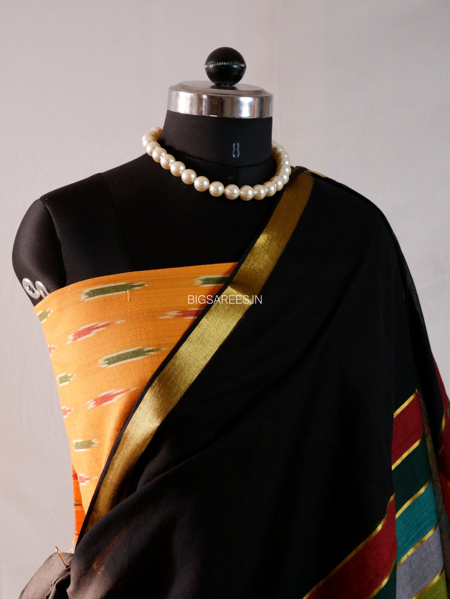 Checkered Mul Cotton Saree With Ikat Blouse | Lightweight | Black