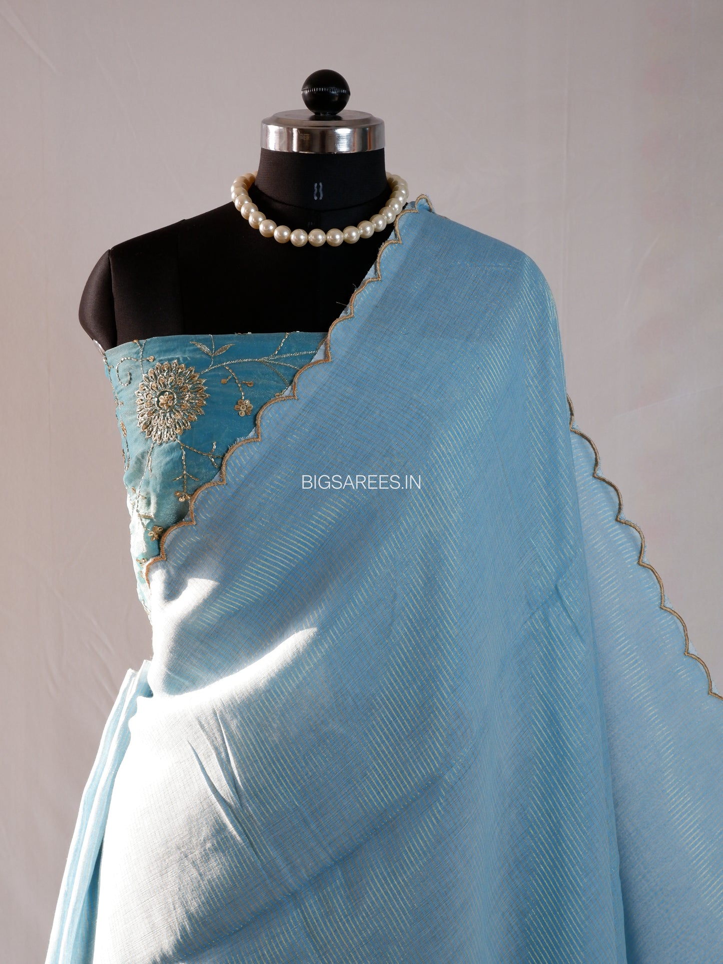 Mul Cotton Saree | Gold Stripes | Sky Blue