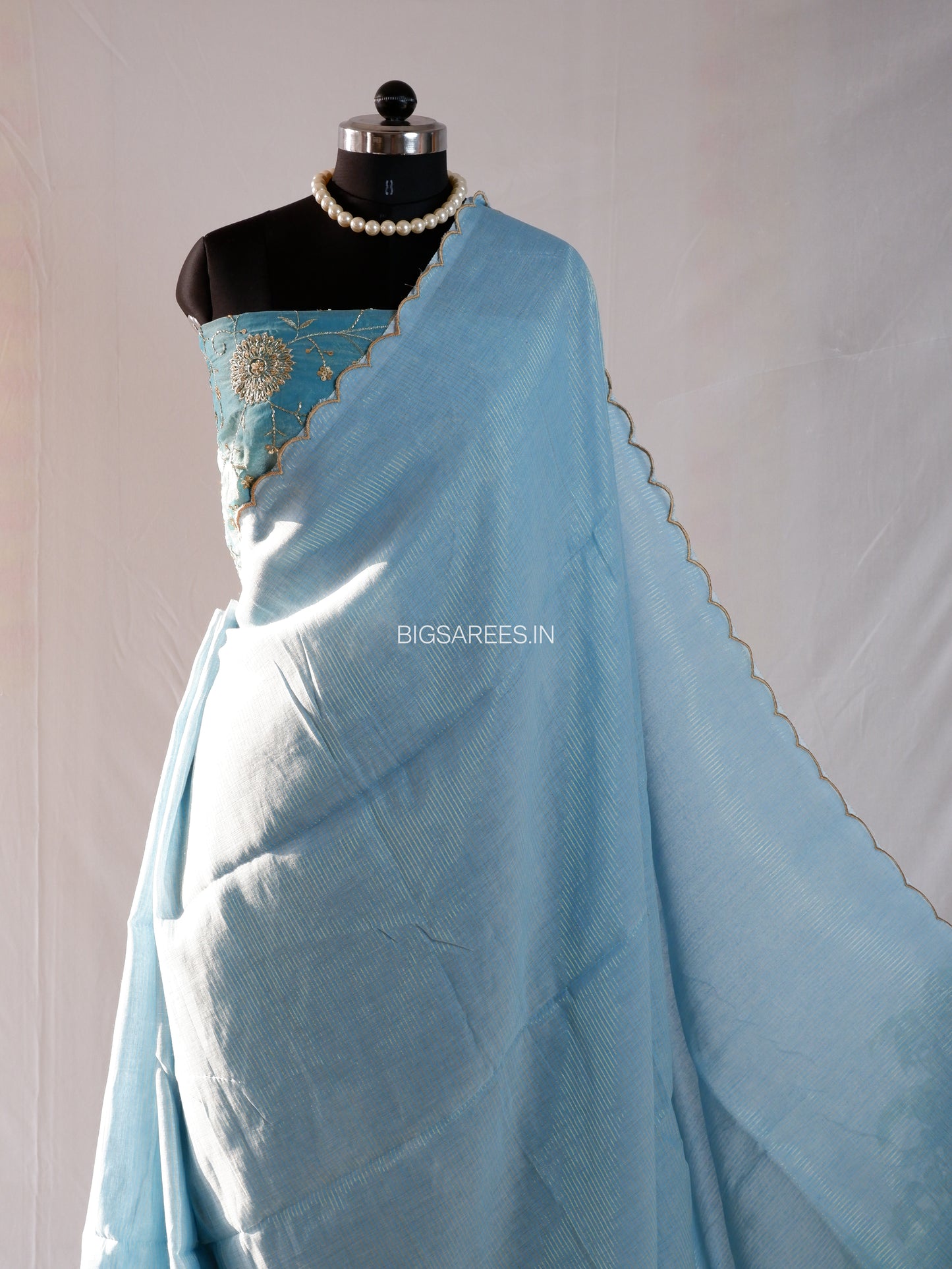 Mul Cotton Saree | Gold Stripes | Sky Blue
