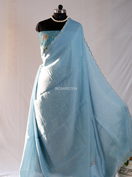 Mul Cotton Saree | Gold Stripes | Sky Blue