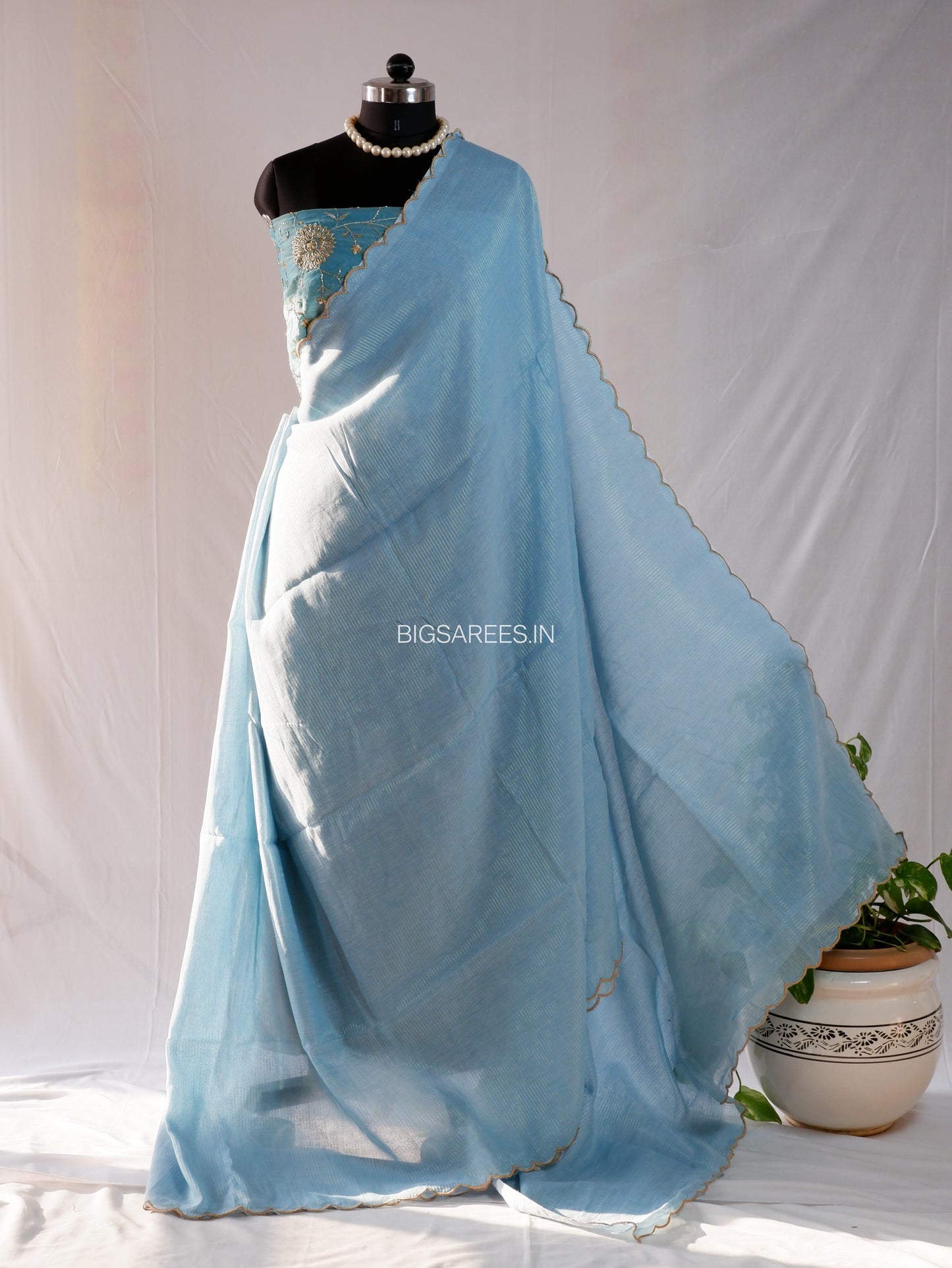 Mul Cotton Saree | Gold Stripes | Sky Blue